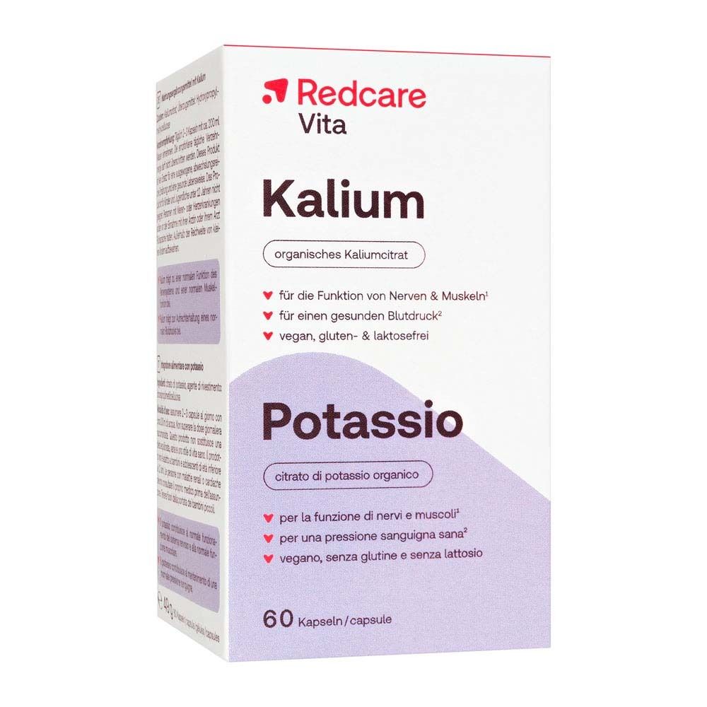Boîte avec inscription: Redcare Vita Kalium, Potassio, 60 gélules. Couvercle rouge.