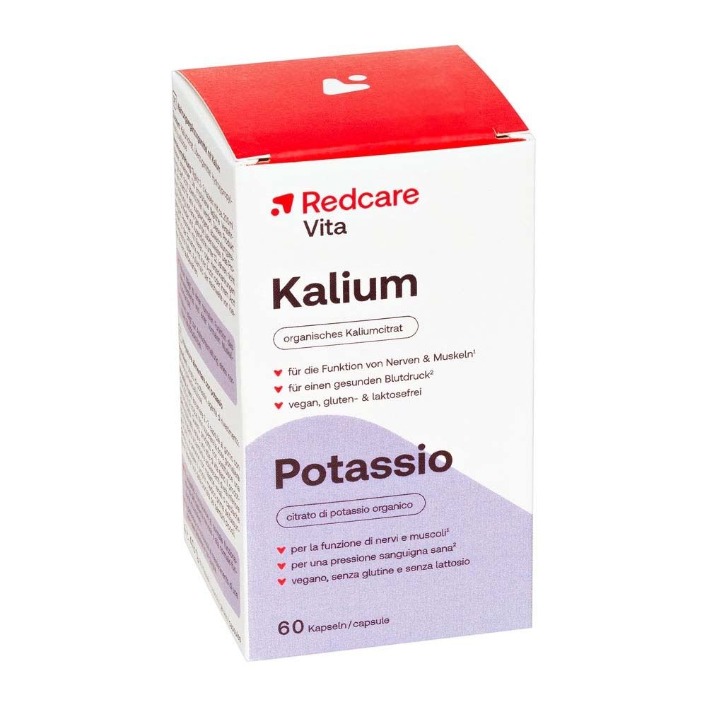 Flacon blanc de gélules. Inscription: Redcare Vita Kalium, 60 gélules. Informations nutritionnelles.