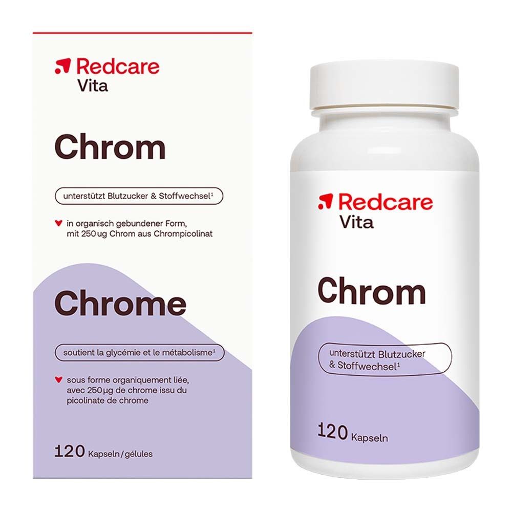 Flacon blanc de gélules. Inscription: Redcare Vita Chrom. 120 gélules. Texte: soutient la glycémie et le métabolisme.
