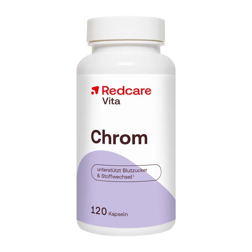 Flacon blanc de gélules. Inscription: Redcare Vita Chrom. 120 gélules. Texte: soutient la glycémie et le métabolisme.