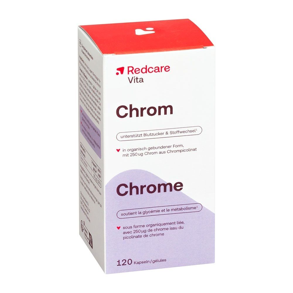 Redcare Vita Chrom : emballage avec informations sur la glycémie et le métabolisme.