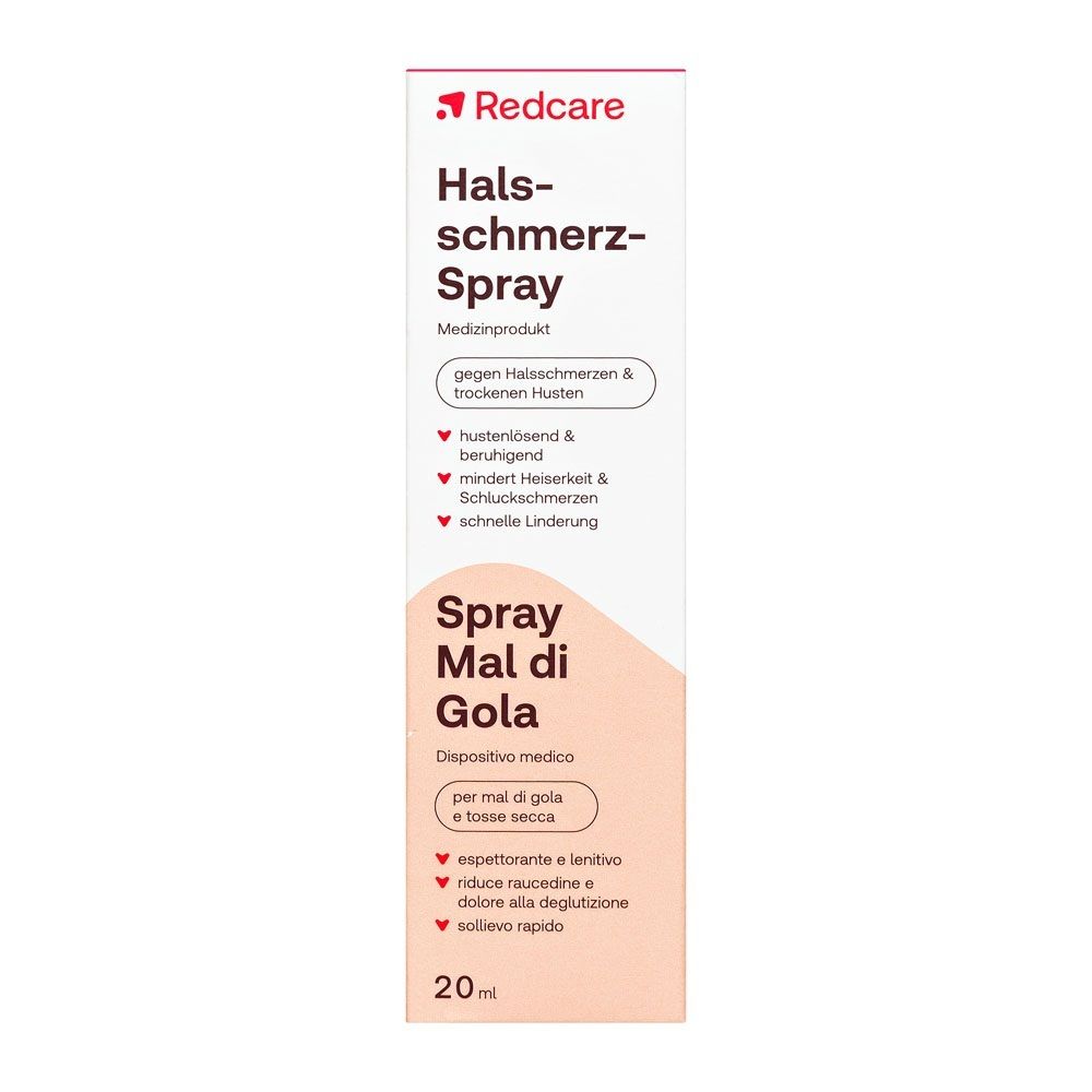 Emballage du spray pour la gorge Redcare. Dispositif médical avec instructions d'utilisation.