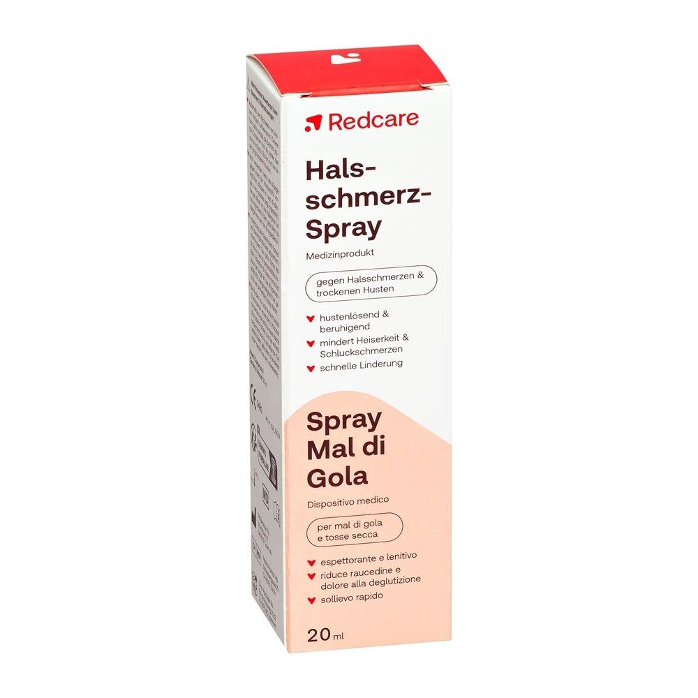 Emballage du spray pour la gorge Redcare. Contient des informations sur le décongestionnant et le soulagement.