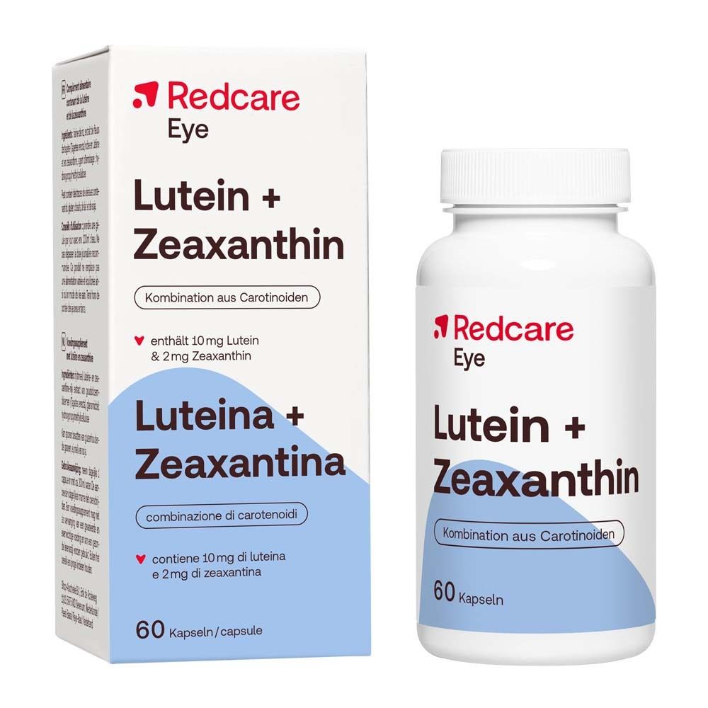 Flacon et boîte blancs Redcare Eye Lutein + Zeaxanthin. Inscription : 60 gélules. Accents bleus et rouges.