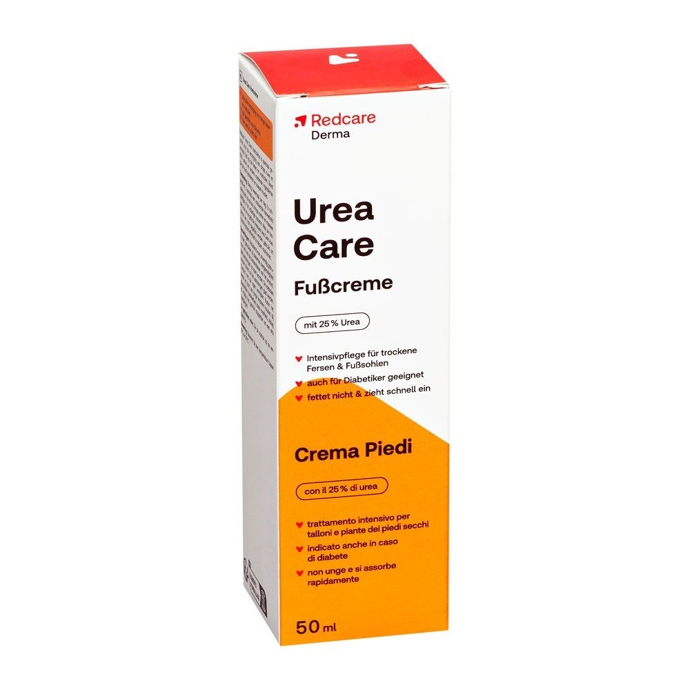 Emballage Redcare Derma Urea Care Crème pour les pieds, face avant avec textes allemand et italien.