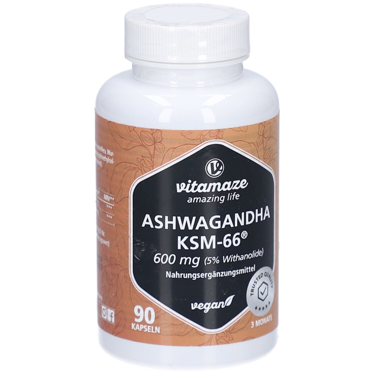 Flacon blanc avec capsules. Inscription: vitamaze amazing life ASHWAGANDHA KSM-66® 600 mg. 90 capsules. Vegan.