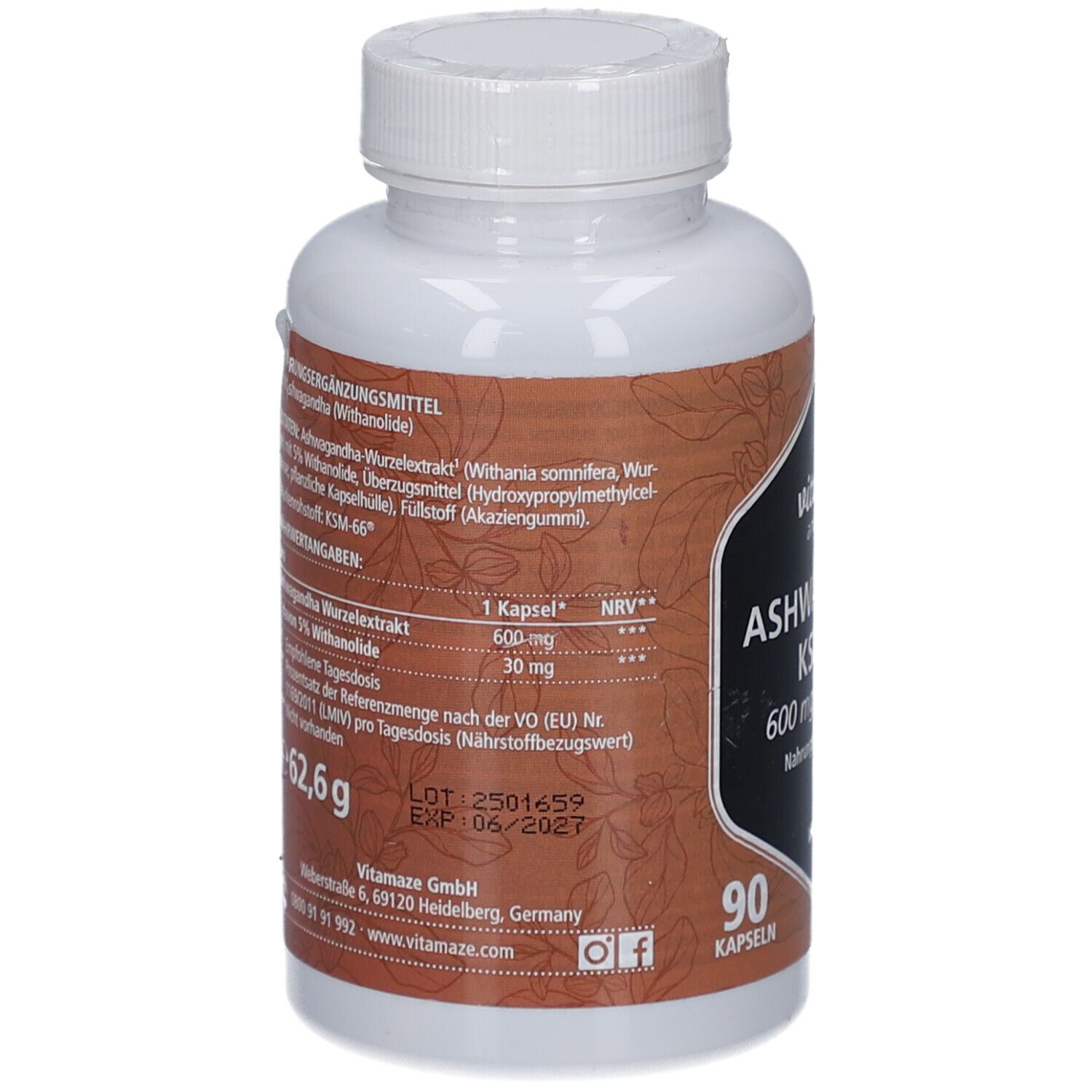 Flacon blanc, dos. Inscription: vitamaze amazing life ASHWAGANDHA KSM-66® 600 mg. Informations nutritionnelles. 90 capsules.