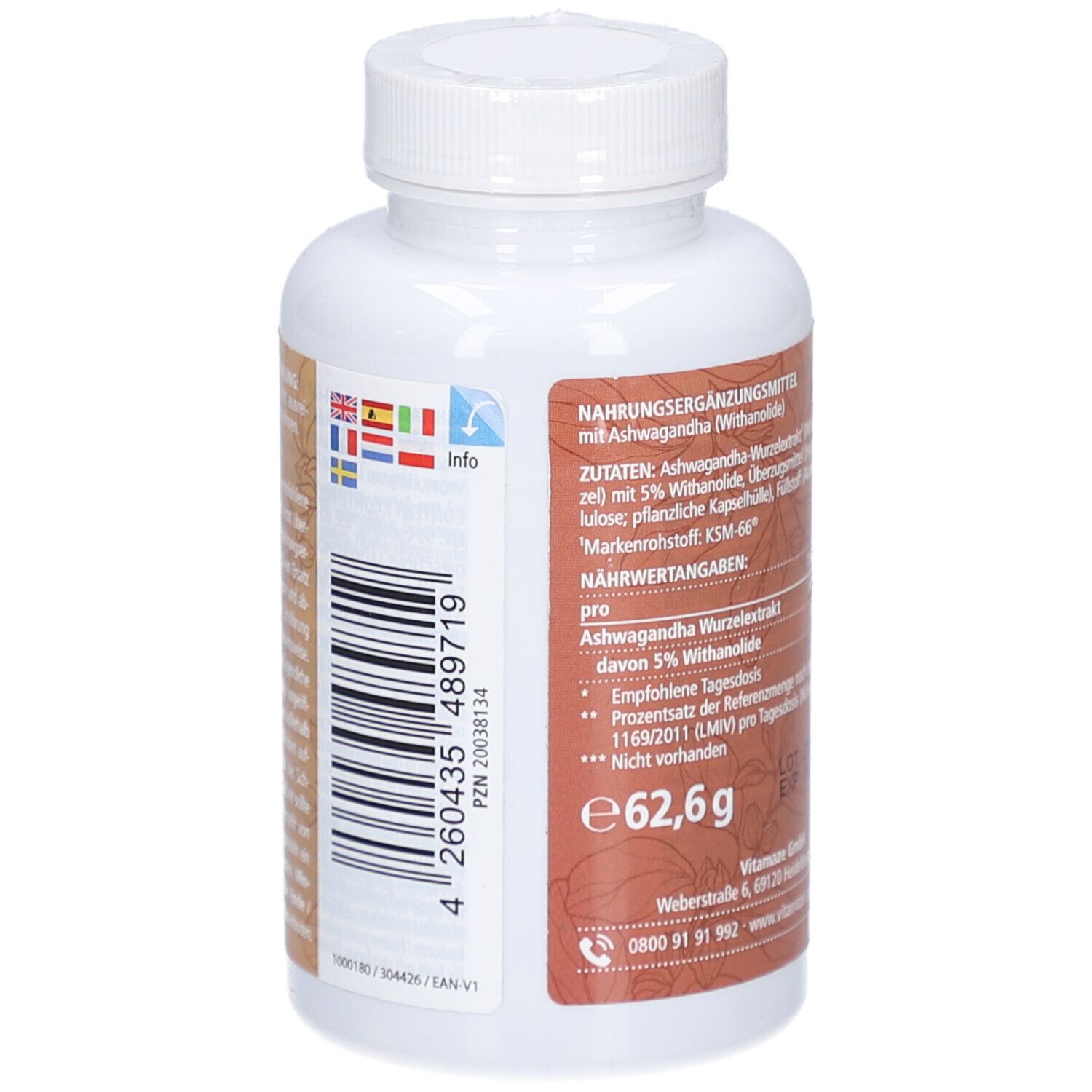 Flacon blanc, dos. Inscription: Informations nutritionnelles, ingrédients, PZN. Plusieurs drapeaux. Poids: 62,6 g.