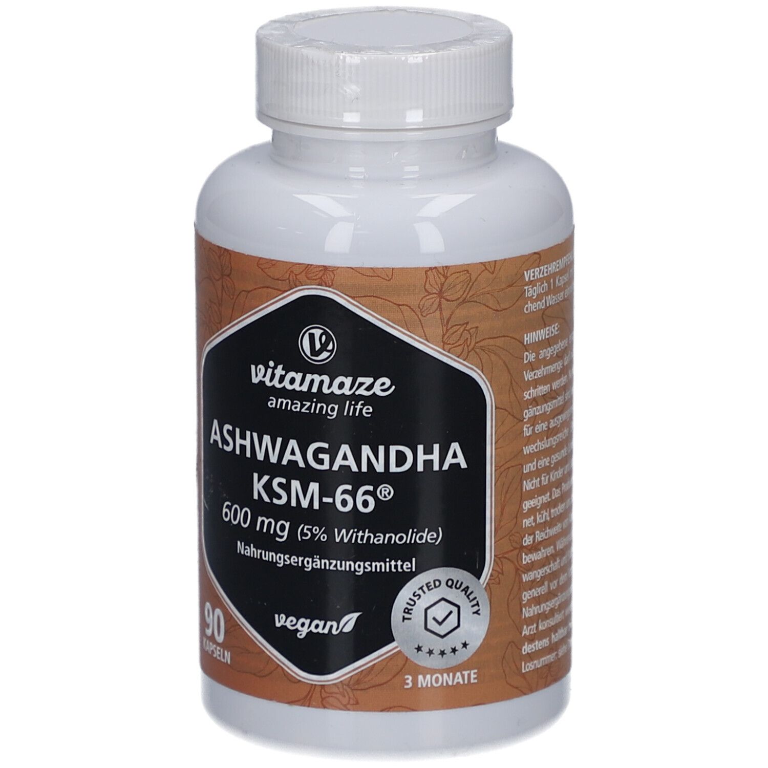 Flacon blanc avec capsules. Inscription: vitamaze amazing life ASHWAGANDHA KSM-66® 600 mg. 90 capsules. Vegan. Sceau.