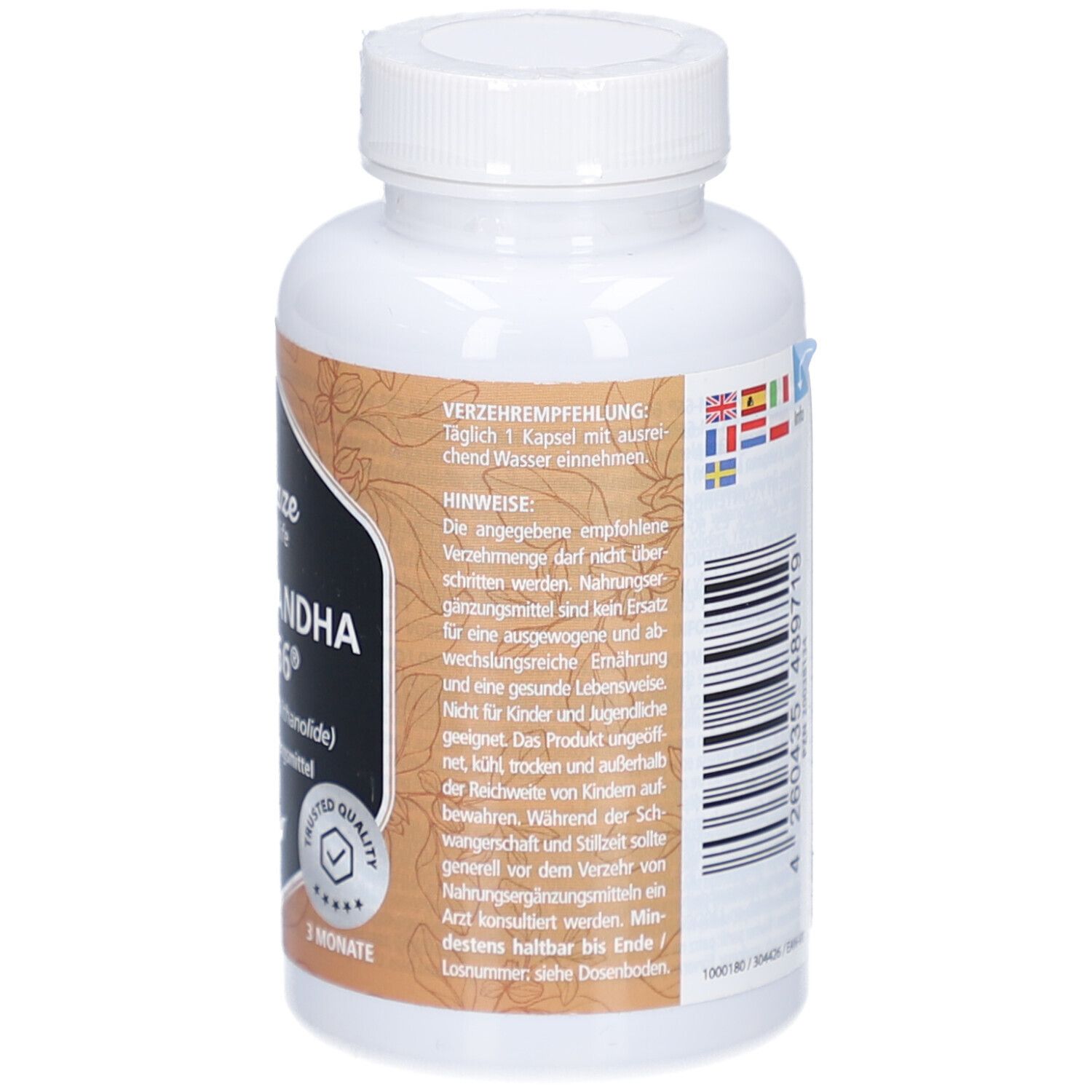 Flacon blanc, dos. Inscription: Recommandations, conseils, vitamaze amazing life ASHWAGANDHA KSM-66® 600 mg. Sceau.