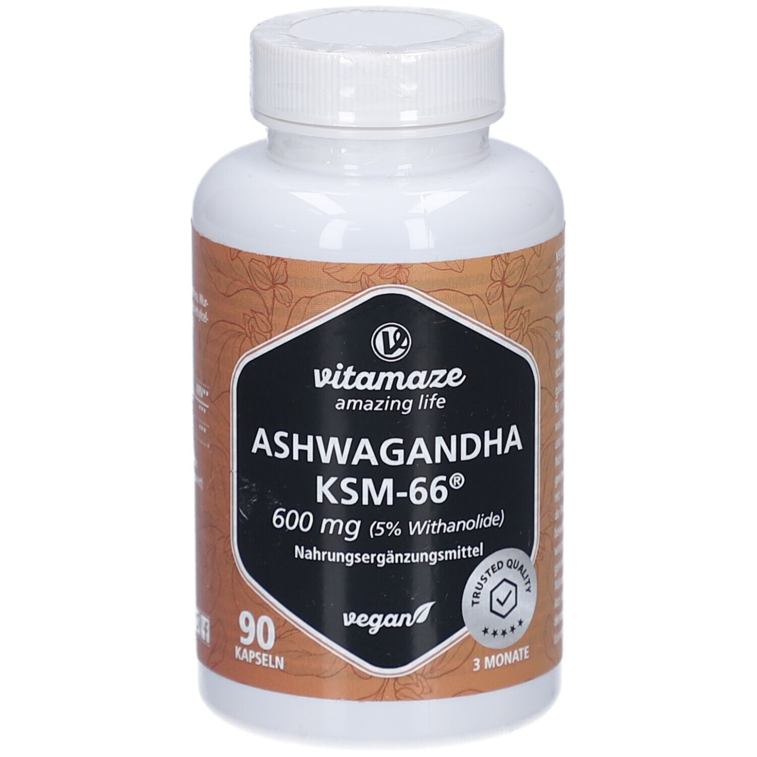 Flacon blanc avec capsules. Inscription: vitamaze amazing life ASHWAGANDHA KSM-66® 600 mg. 90 capsules. Vegan.
