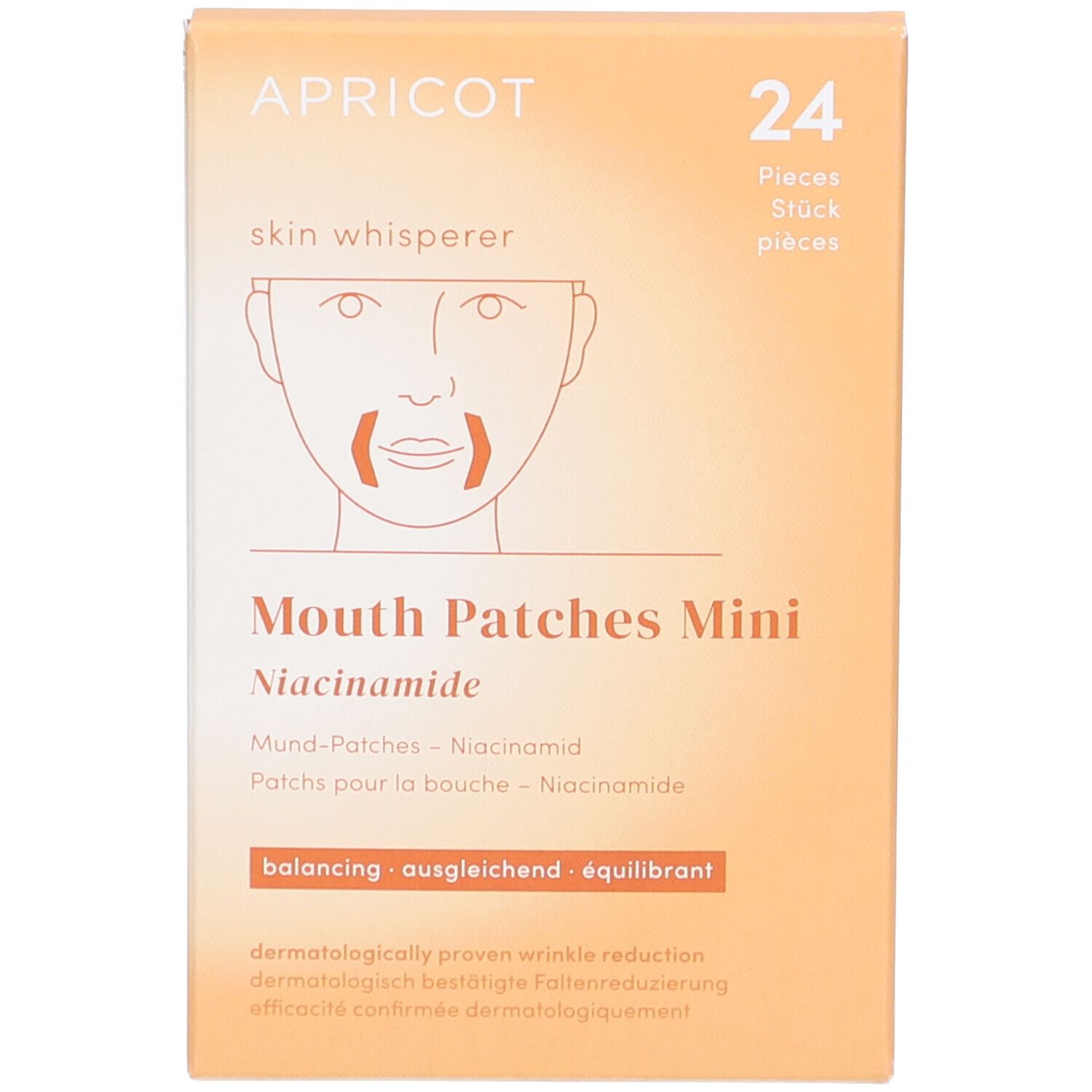 Emballage de patchs pour la bouche. Fond orange. Inscription : APRICOT, 24 pièces, Mouth Patches Mini, Niacinamide.