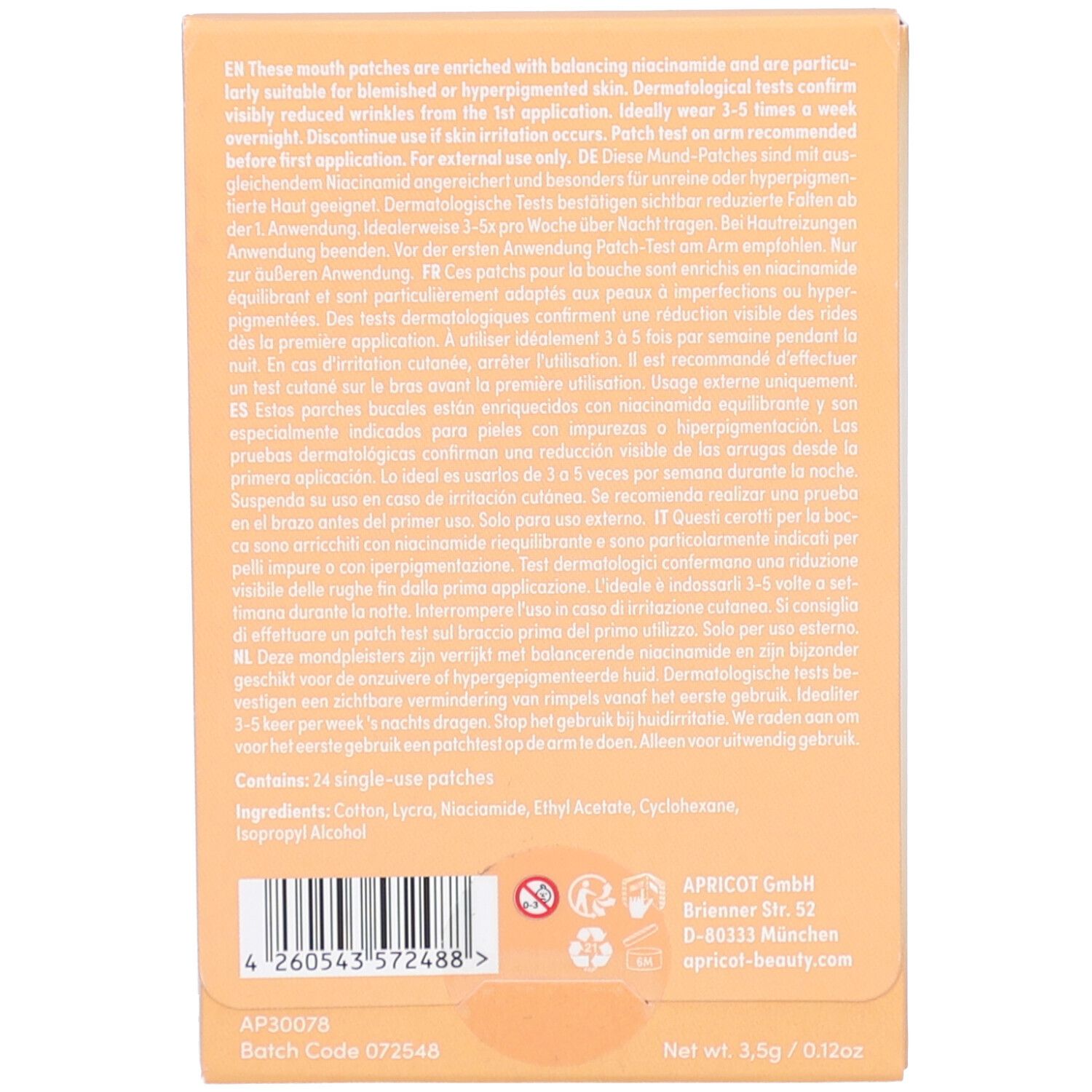 Dos de l'emballage avec texte. Contient 24 patchs individuels. Ingrédients : coton, lin, niacinamide, etc. APRICOT GmbH.