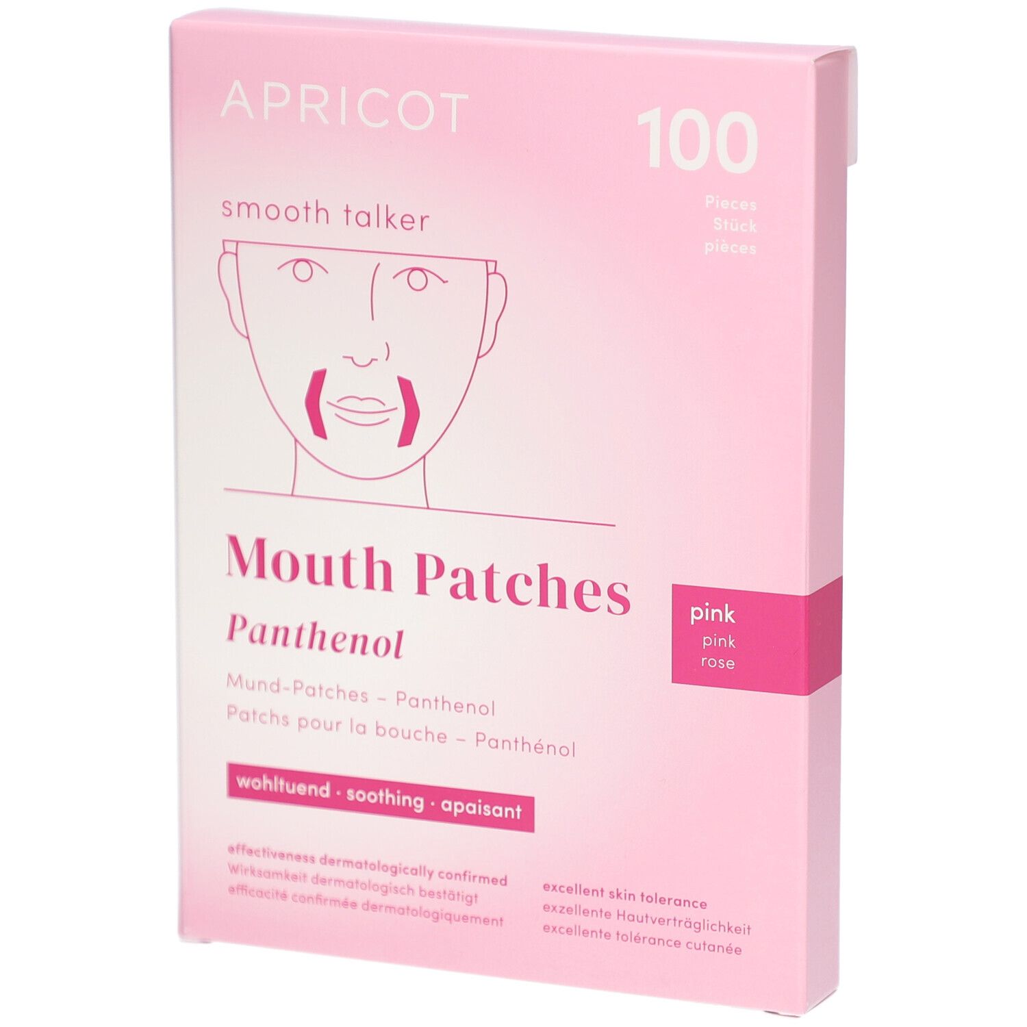 Boîte rose APRICOT Mouth Patches avec Panthénol. Inscription : 100 pièces, Mouth Patches, Panthénol, apaisant.