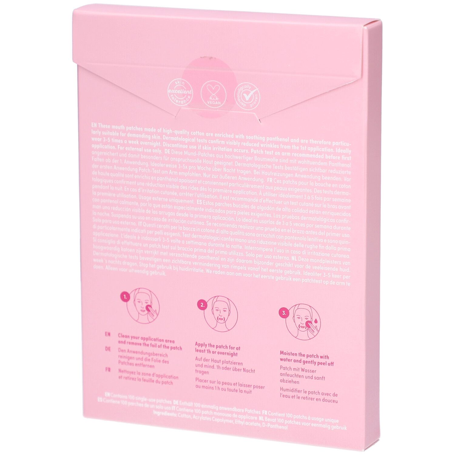 Dos de la boîte rose. Illustrations d'application des Mouth Patches. Texte en allemand, anglais, français.