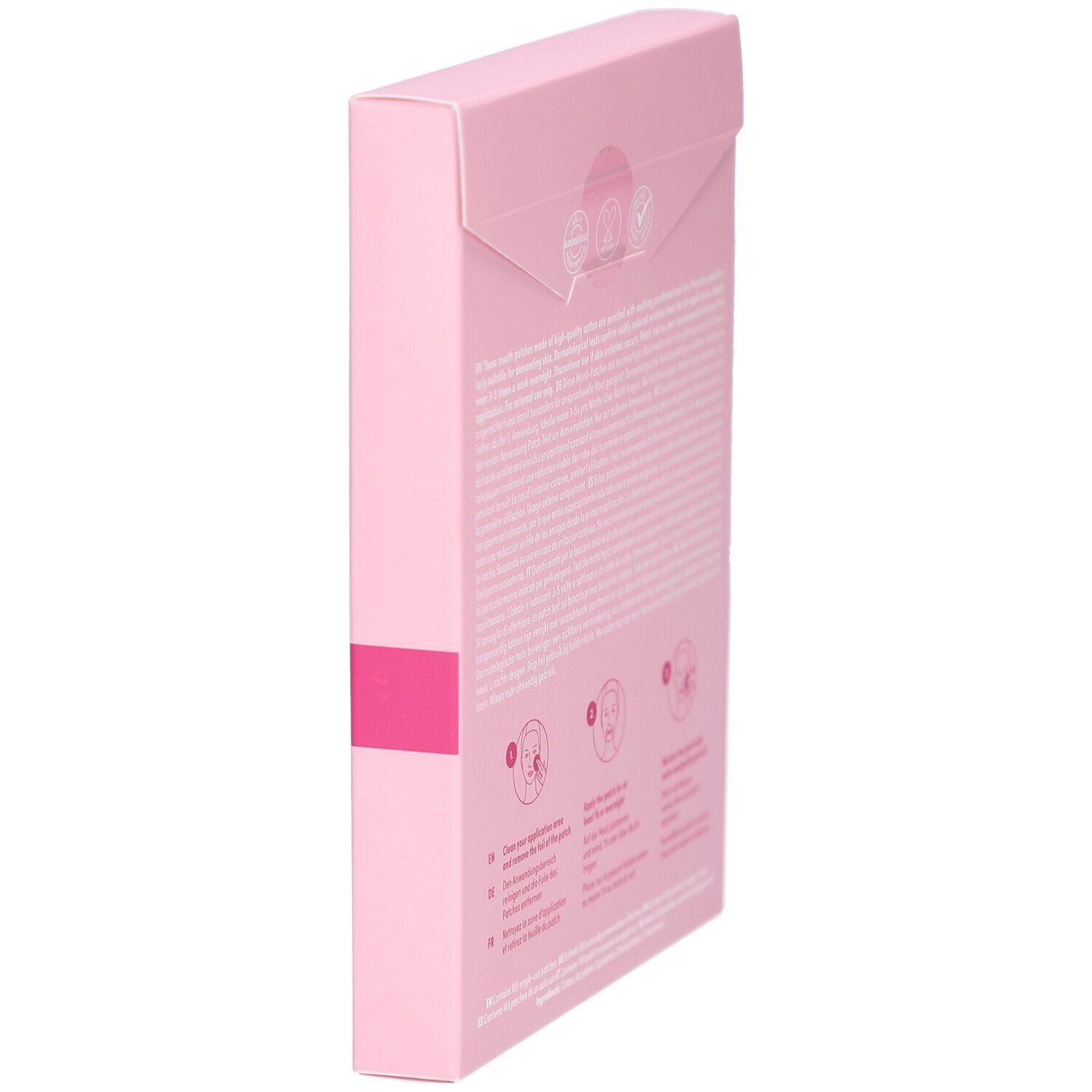 Boîte rose, vue latérale. Dos avec instructions d'utilisation et logos. Texte en allemand, anglais, français.