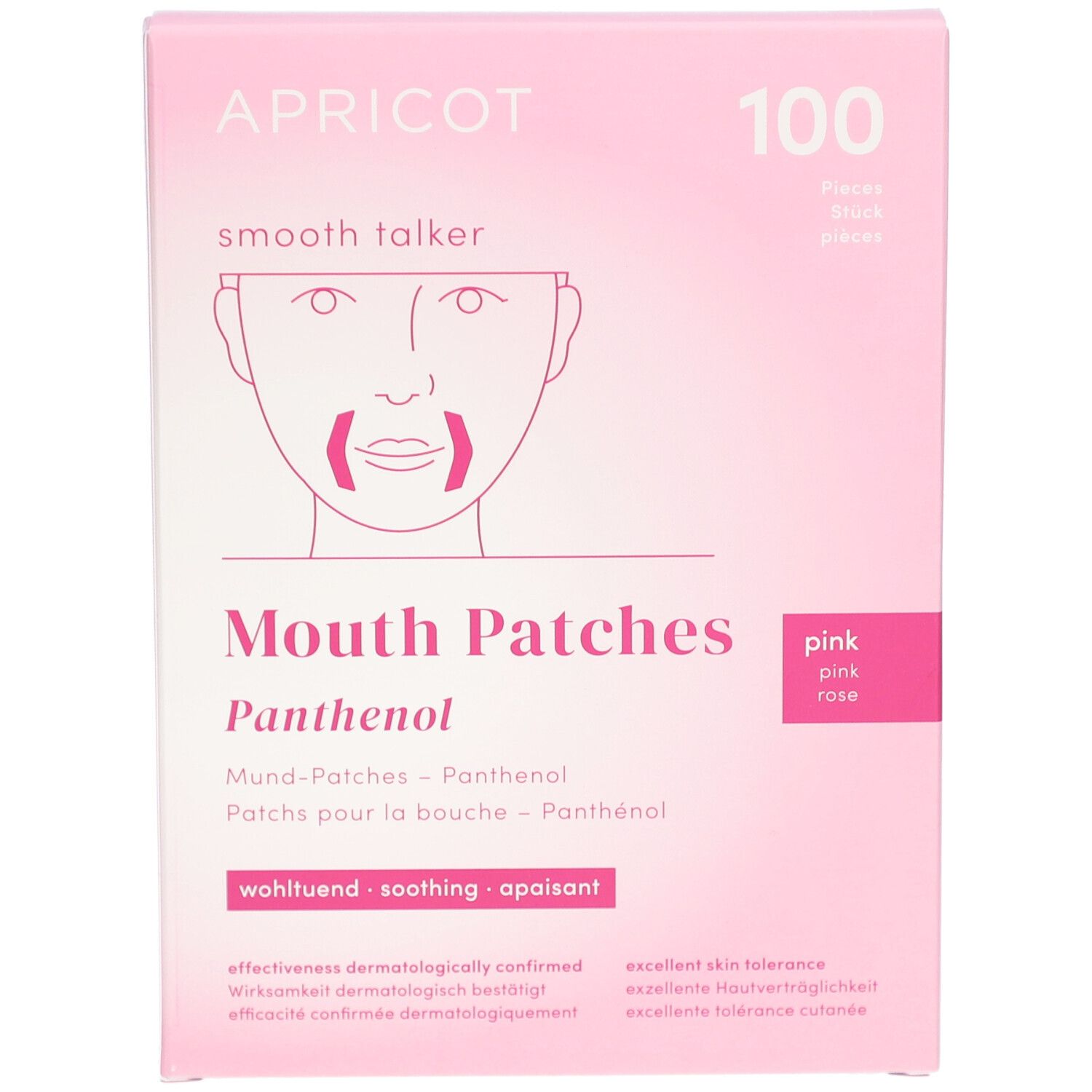 Boîte rose APRICOT Mouth Patches avec Panthénol. Inscription : 100 pièces, Mouth Patches, Panthénol, apaisant.