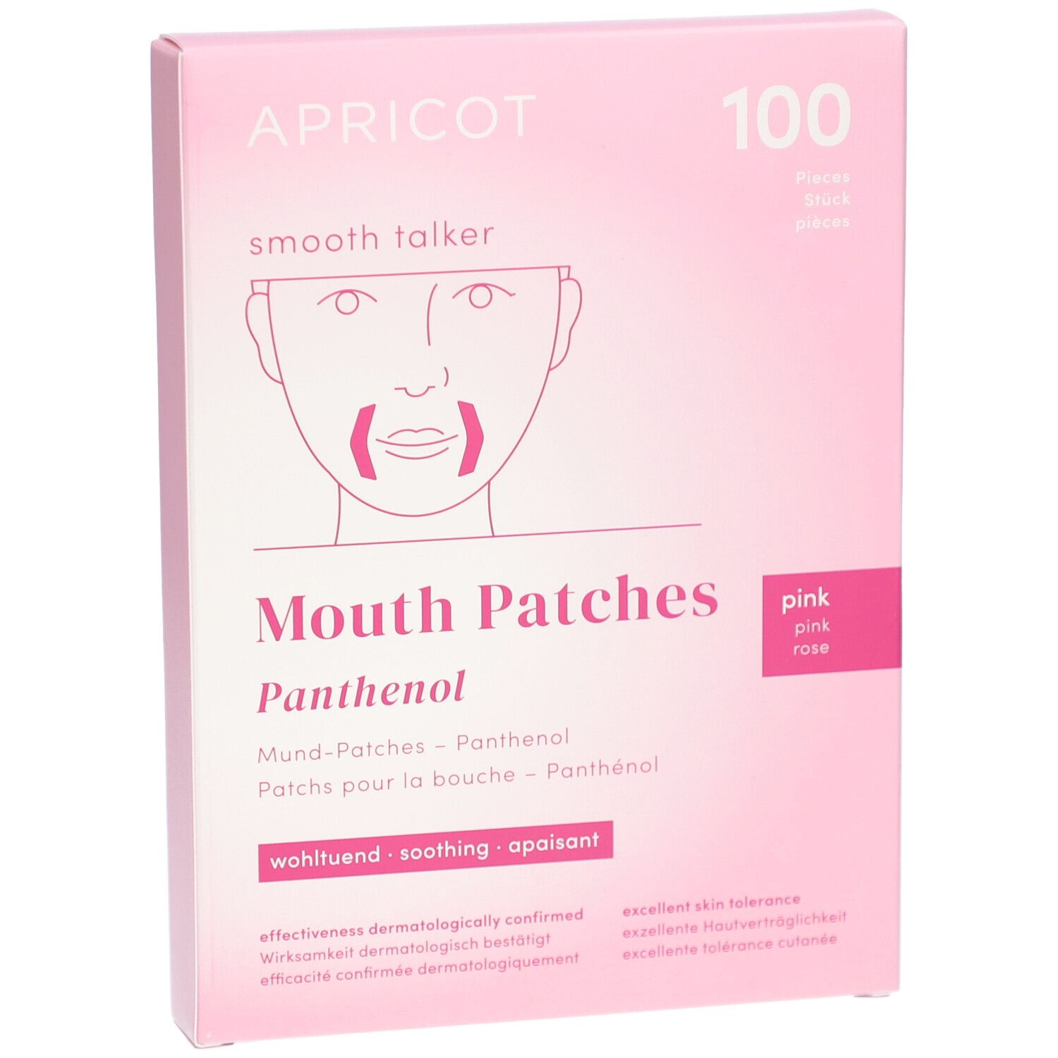 Boîte rose APRICOT Mouth Patches avec Panthénol. Inscription : 100 pièces, Mouth Patches, Panthénol, apaisant.
