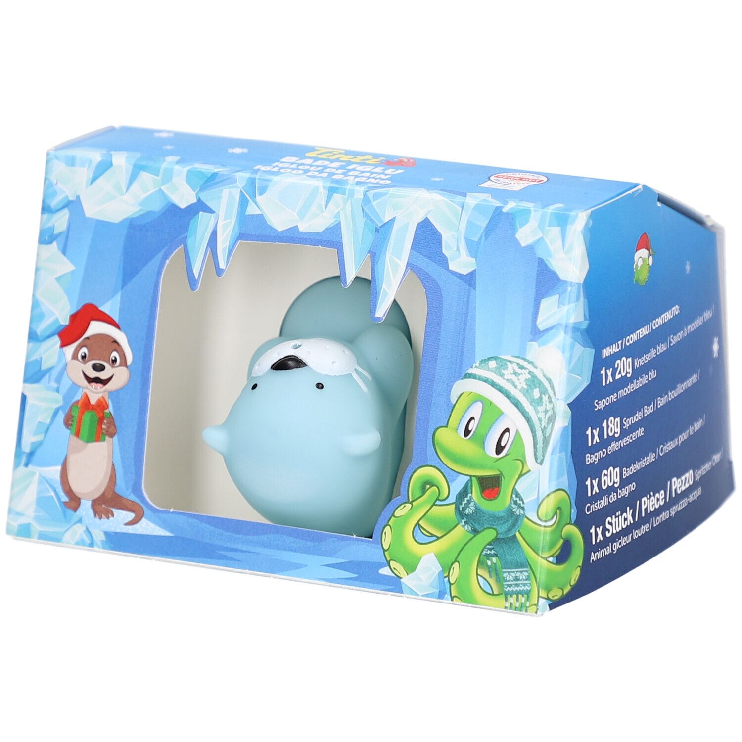 Emballage du set Tinti Bade Iglu. Contient un phoque bleu, une loutre et une pieuvre. Texte : Inhalt/Contenuto/Contenu.