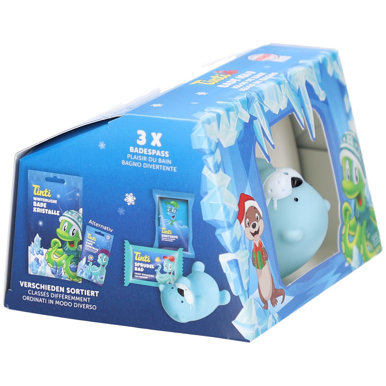 Vue en biais de l'emballage du set Bade Iglu. Montre un phoque, des produits de bain et des illustrations. Texte : 3x Badespaß.