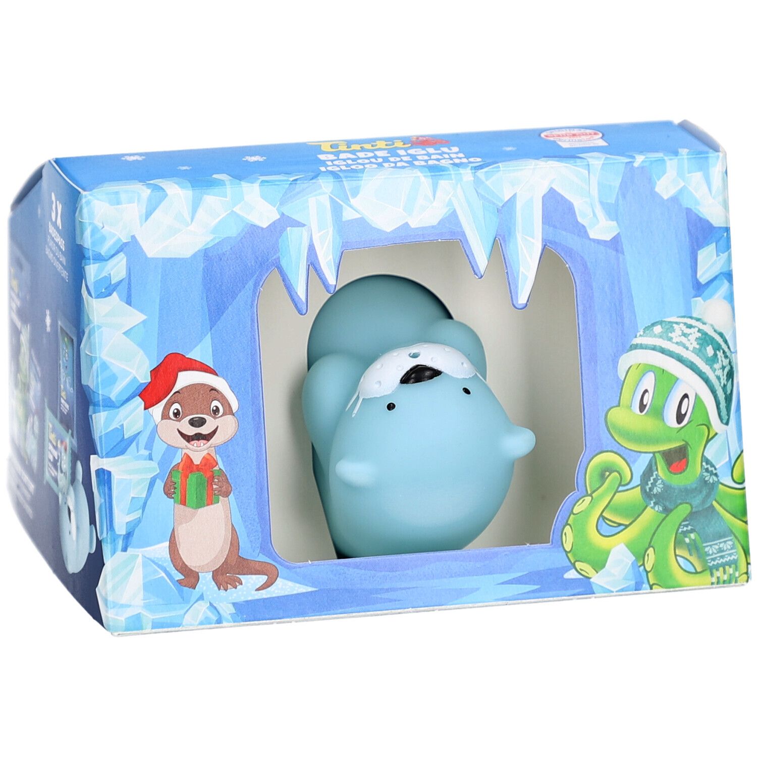Vue de face de l'emballage du set Bade Iglu. Montre un phoque bleu dans la fenêtre. Contient des illustrations d'animaux.