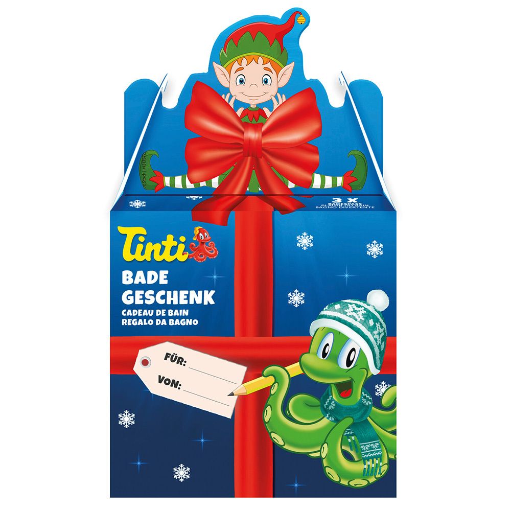 Coffret cadeau Tinti, fond bleu, nœud rouge et motif elfe. Contient un ensemble cadeau de bain. Avec étiquette cadeau.