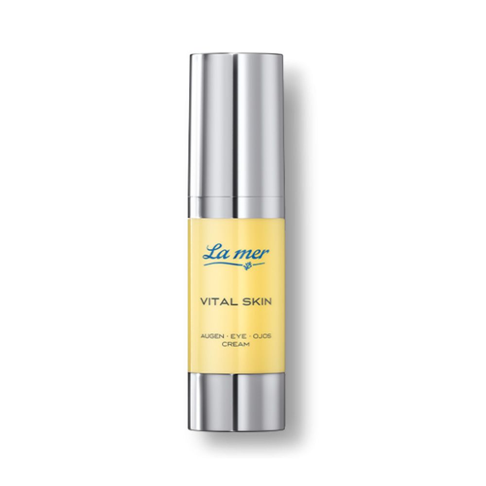 Flacon cylindrique avec bouchon argenté et étiquette jaune. Inscription : La mer, Vital Skin, Augen Eye Ojos Cream.