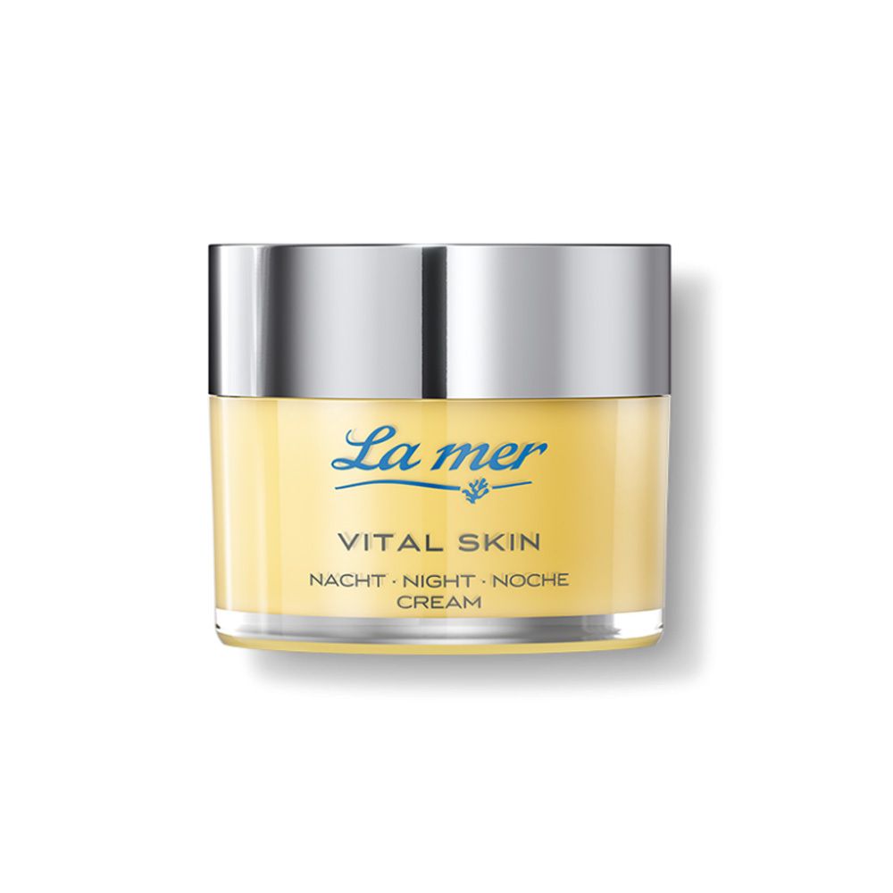 Pot de crème avec couvercle argenté. Inscription: La mer, Vital Skin, Nacht, Night, Noche, Cream.
