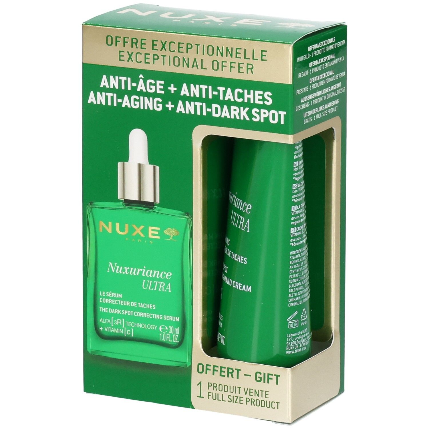 Coffret vert avec sérum et crème pour les mains. Inscription: NUXE Nuxuriance Ultra. Anti-âge, anti-taches.