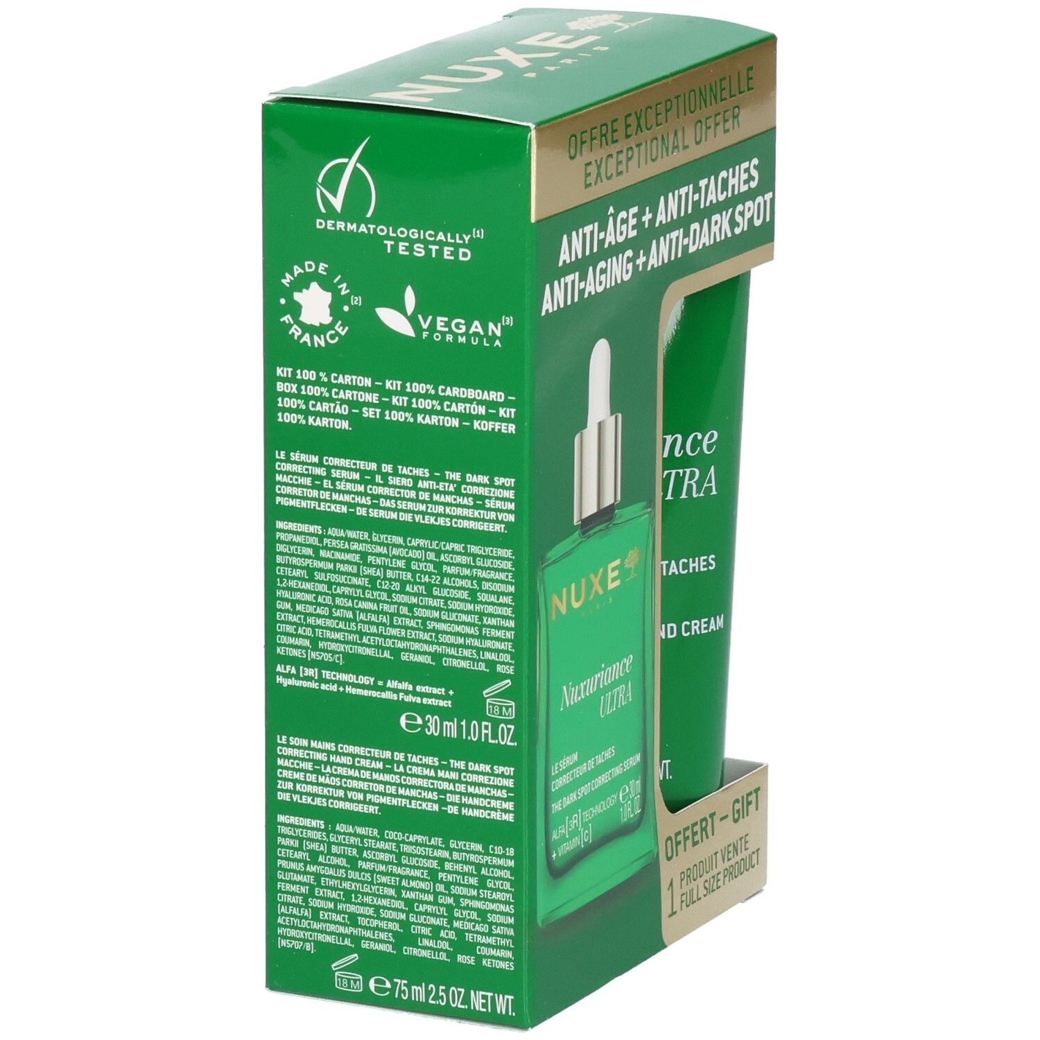 Dos du coffret vert. Inscription: NUXE Nuxuriance Ultra. Testé dermatologiquement, Vegan.