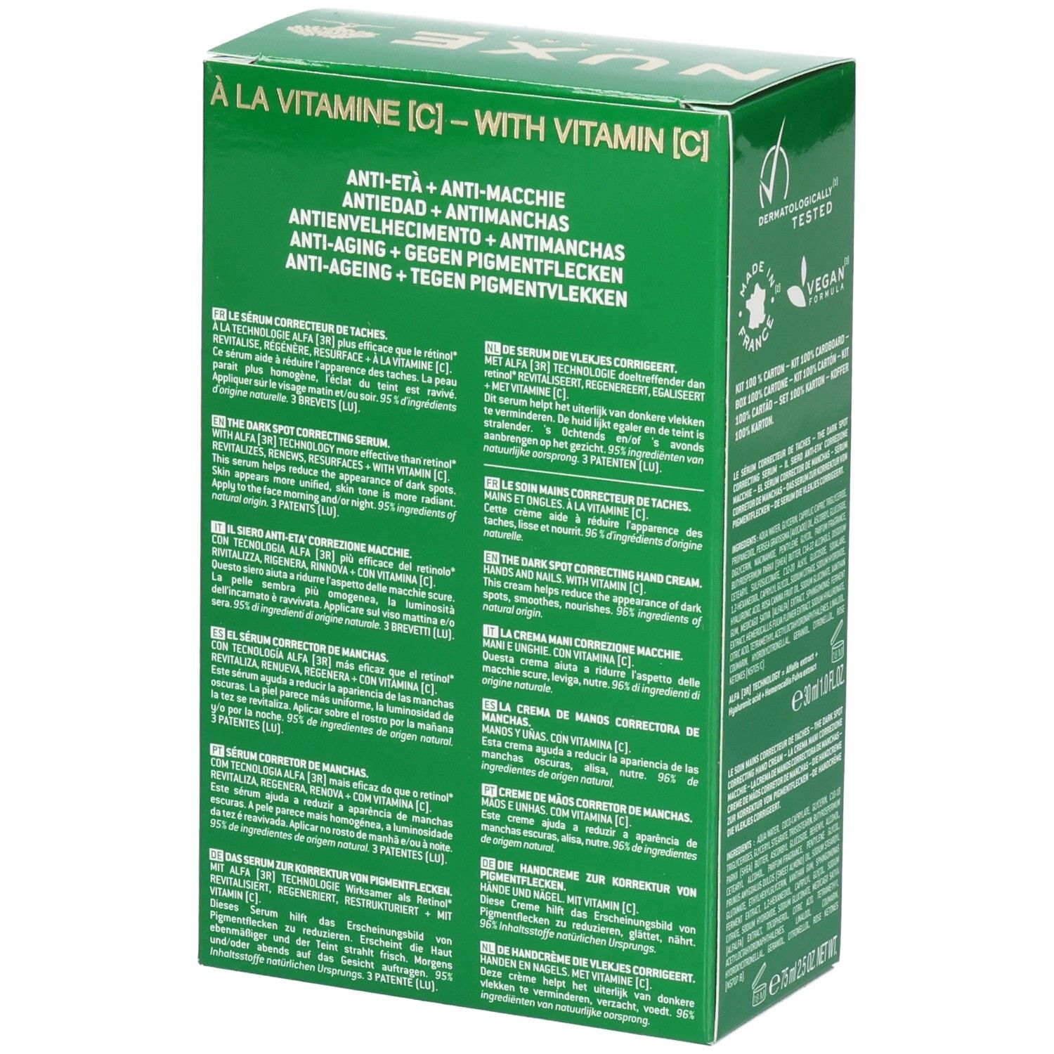 Coffret vert avec texte. Inscription: NUXE Nuxuriance Ultra. Avec vitamine C. Anti-âge, anti-taches.