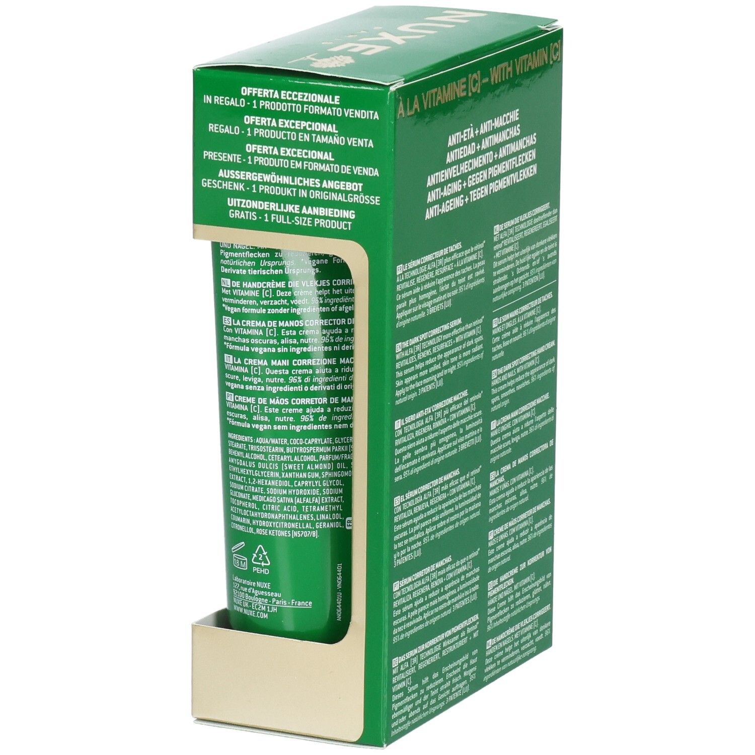 Côté du coffret vert. Crème pour les mains visible. Inscription: NUXE Nuxuriance Ultra. Avec vitamine C.