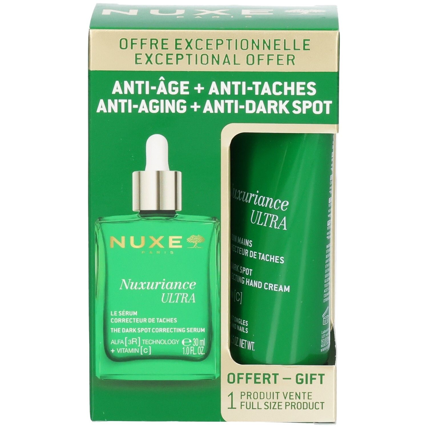 Coffret vert avec sérum et crème pour les mains. Inscription: NUXE Nuxuriance Ultra. Anti-âge, anti-taches.