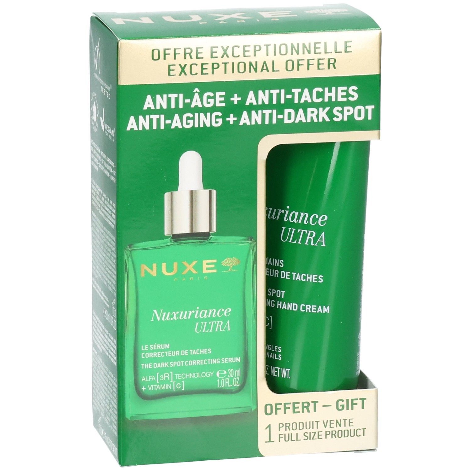 Coffret vert avec sérum et crème pour les mains. Inscription: NUXE Nuxuriance Ultra. Anti-âge, anti-taches.