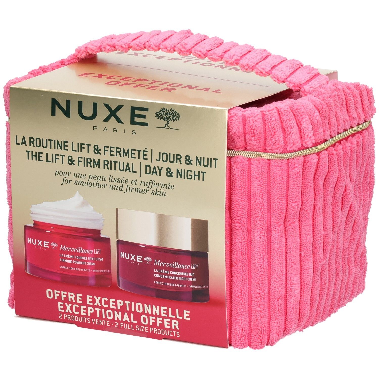 Coffret cadeau avec sac en tissu rose et carton. Contient deux crèmes. Inscription : NUXE Paris, Merveillance Lift.
