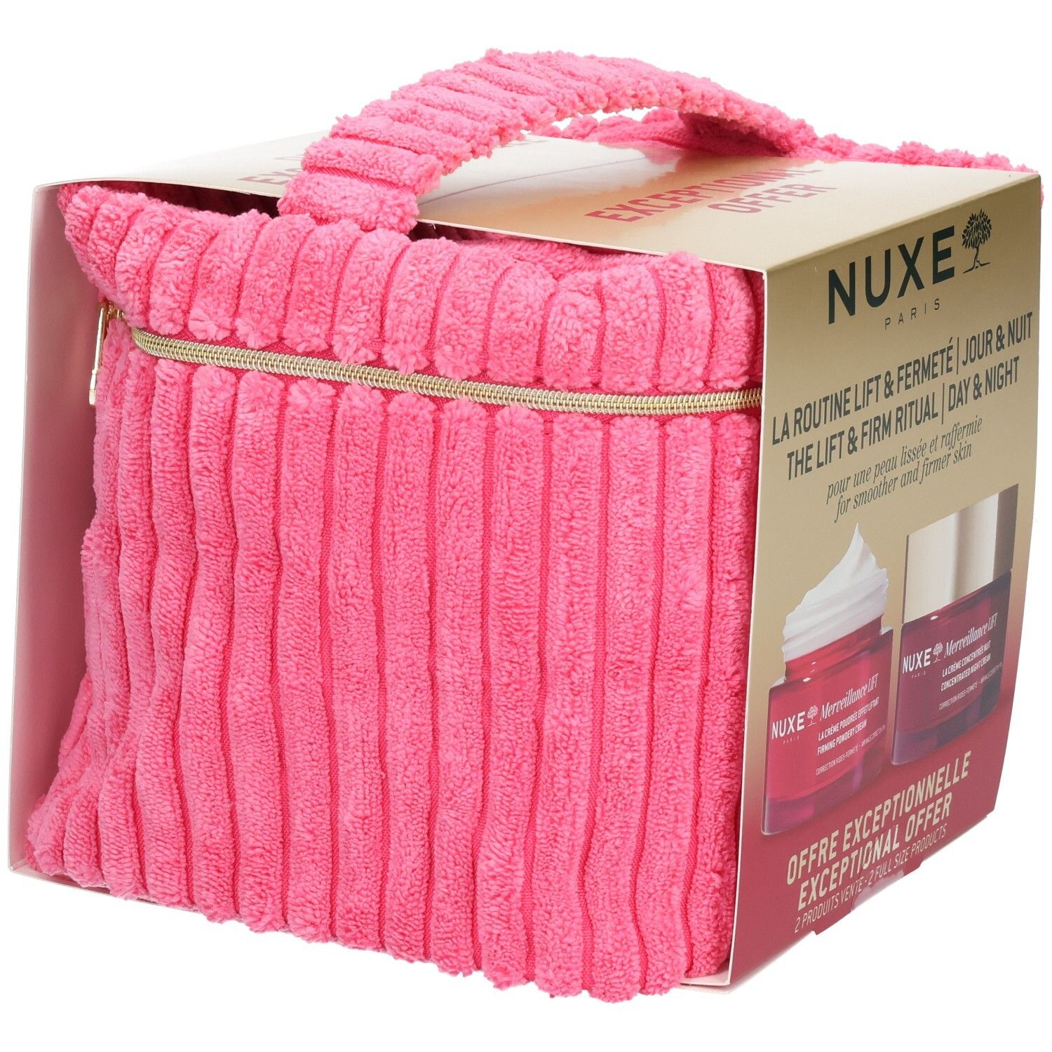 Sac en tissu rose avec carton. Inscription : NUXE Paris, Merveillance Lift. Contient deux crèmes. Fermeture éclair et poignée.