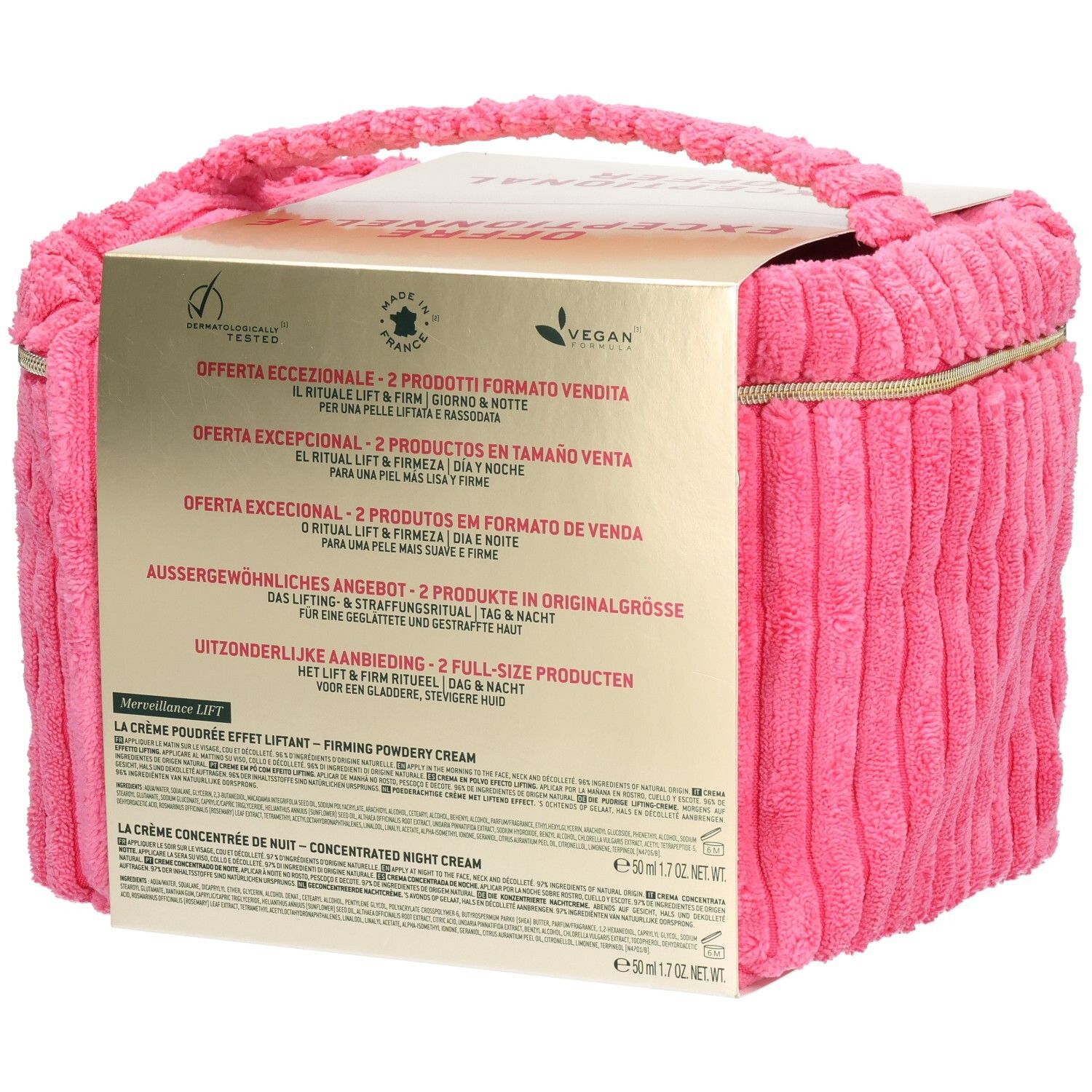Dos du coffret cadeau. Sac en tissu rose avec carton. Texte multilingue. Label vegan.
