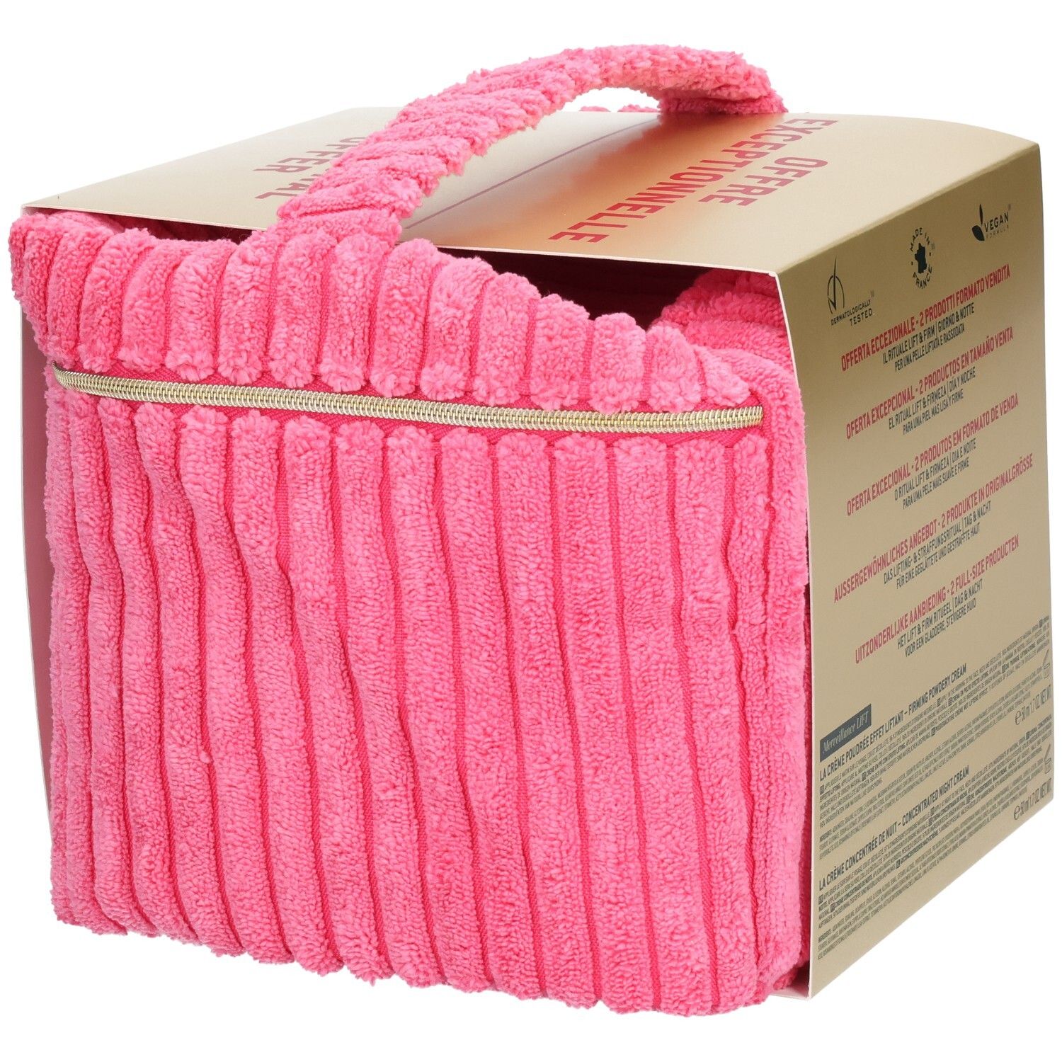 Coffret cadeau avec sac en tissu rose et carton. Fermeture éclair et poignée. Inscription : NUXE Paris.