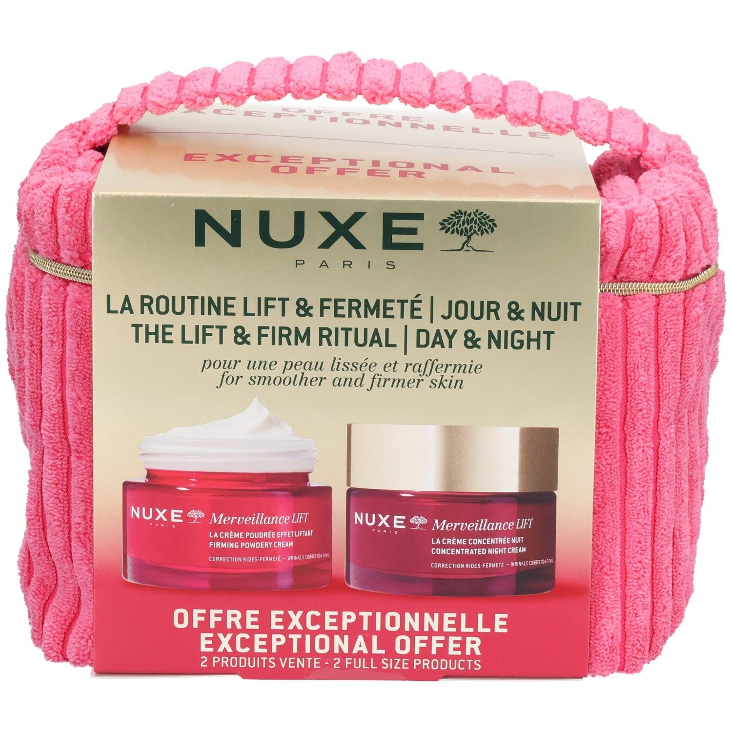 Coffret cadeau avec sac en tissu rose et carton. Contient deux crèmes. Inscription : NUXE Paris, Merveillance Lift.
