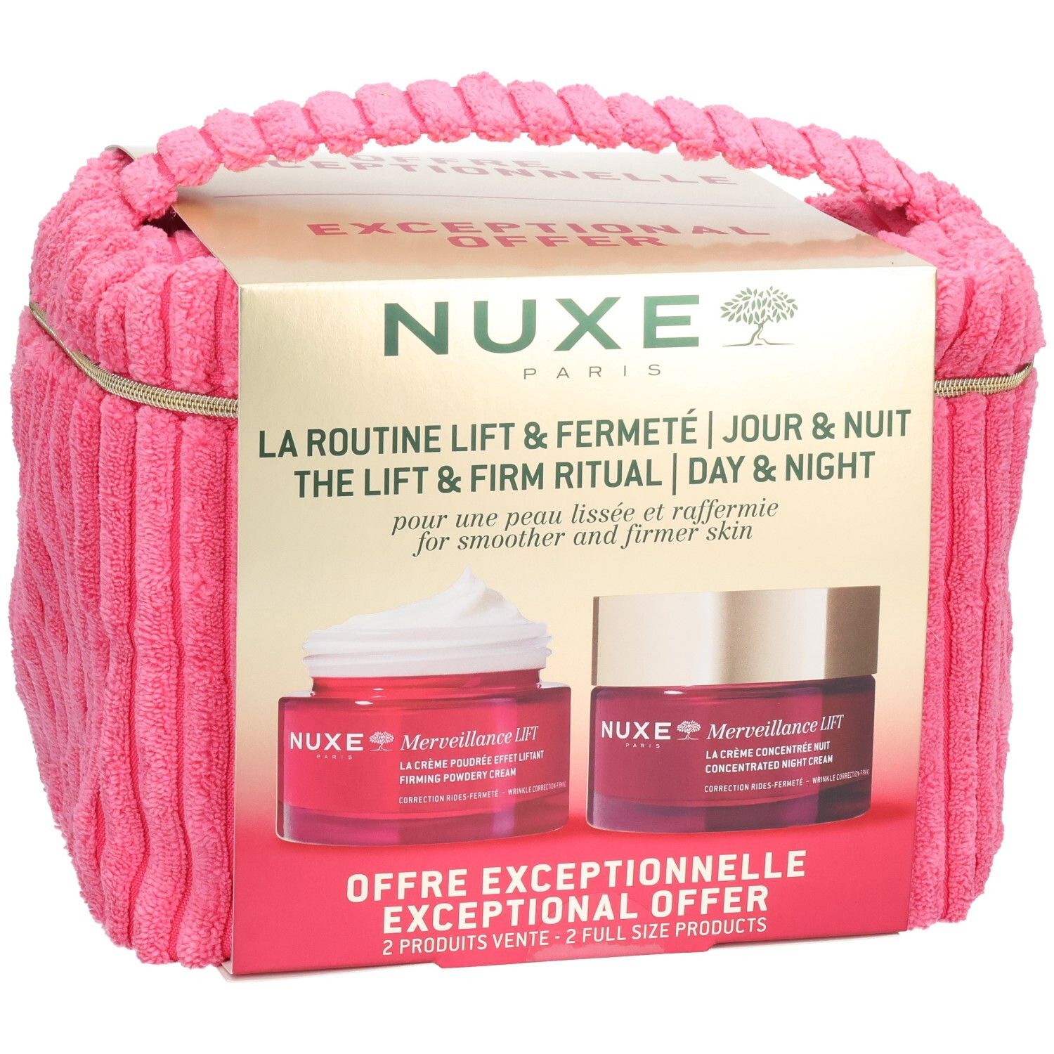 Coffret cadeau avec sac en tissu rose et carton. Contient deux crèmes. Inscription : NUXE Paris, Merveillance Lift.