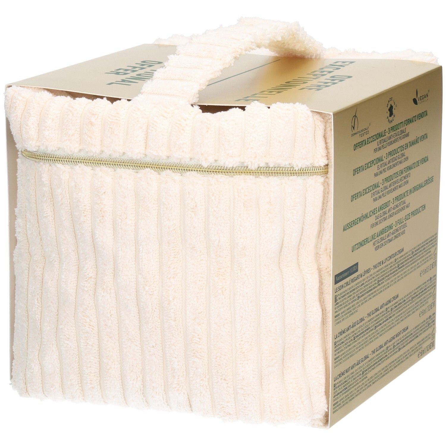 Coffret cadeau NUXE dans un sac en tissu crème. Fermeture éclair dorée. Texte: NUXE, Offre Exceptionnelle.