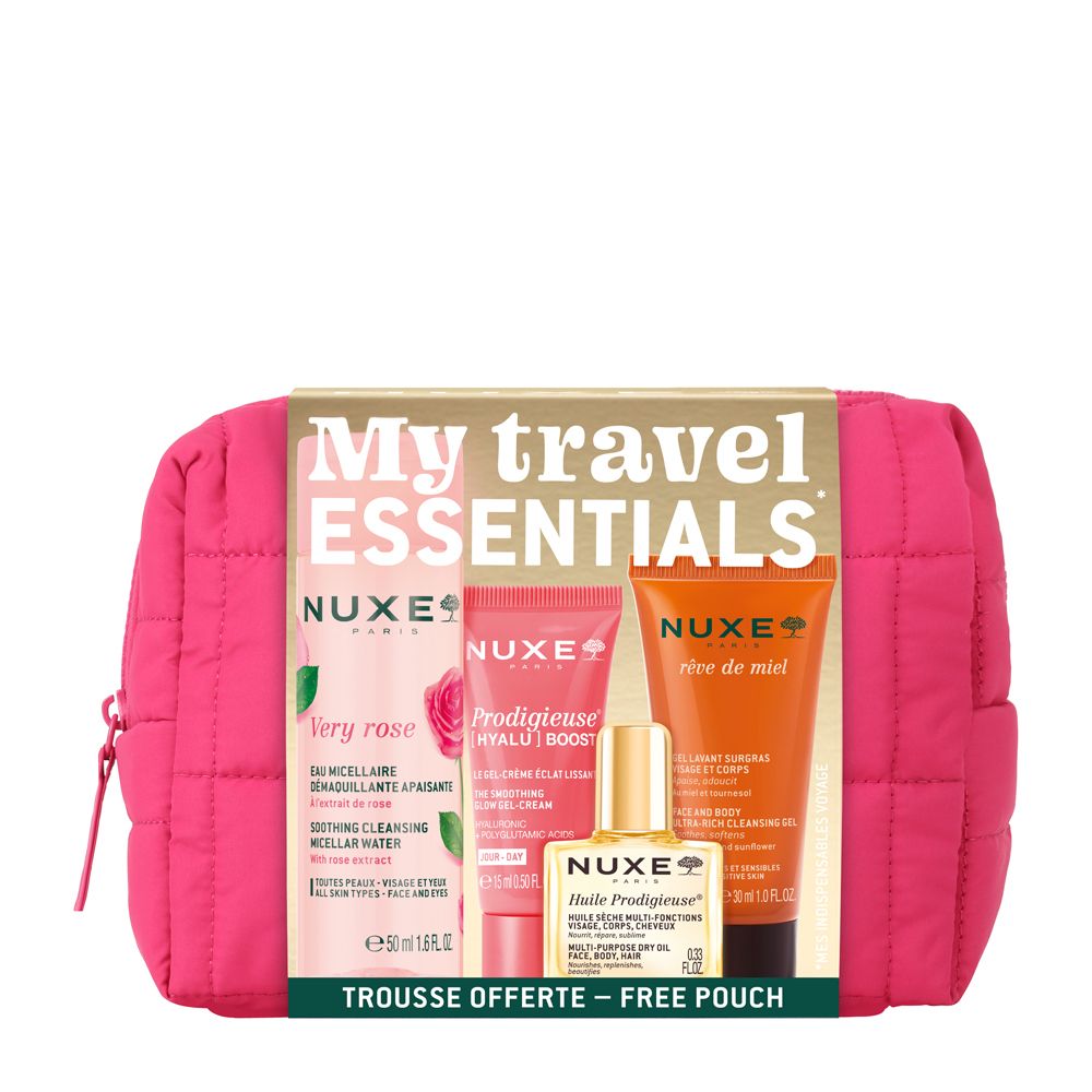 Trousse de toilette rose avec produits NUXE. Contient : eau micellaire, crème, huile et gel nettoyant. Inscription : My travel essentials.