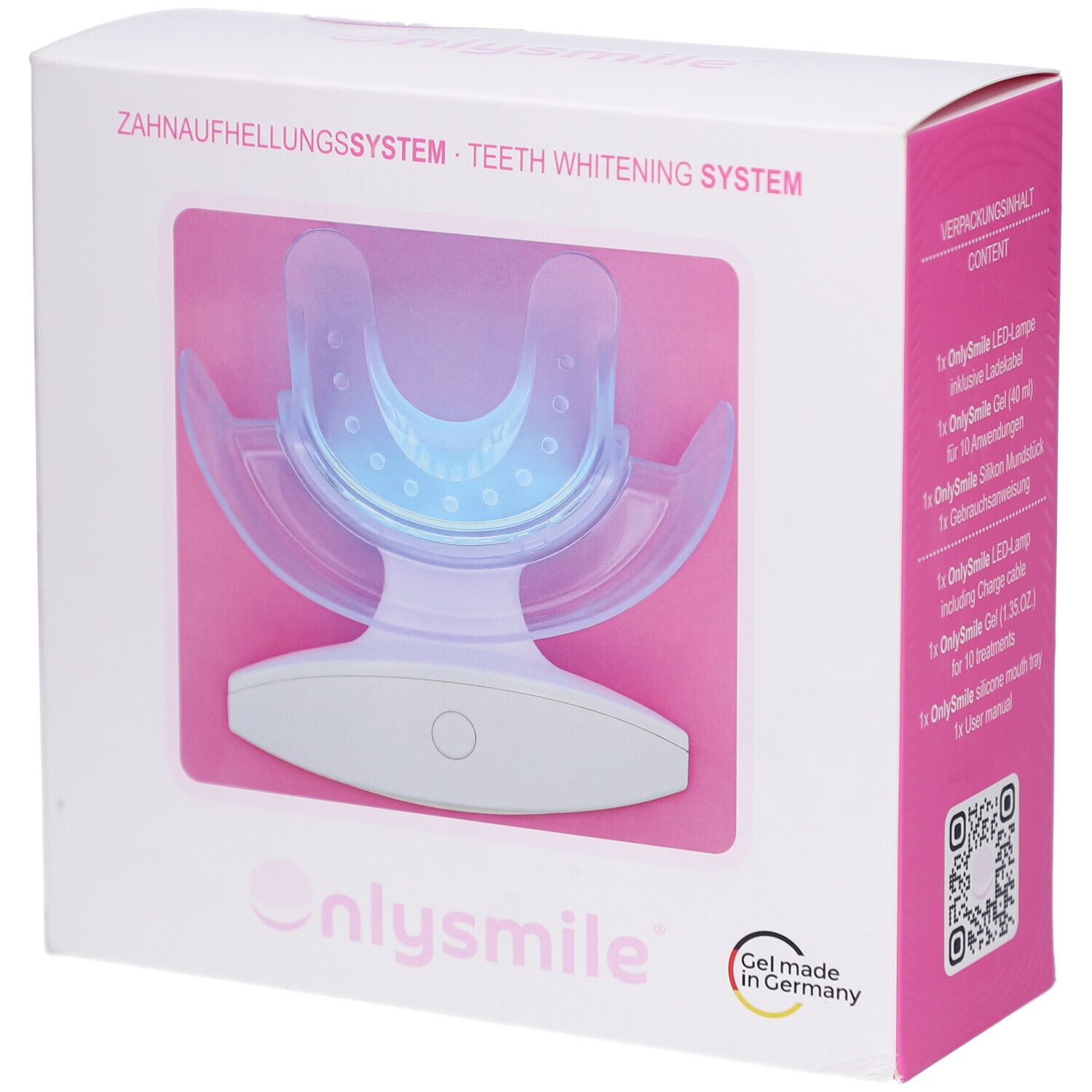 Système de blanchiment des dents avec gouttière bleue en forme de U et base de chargement dans son emballage.