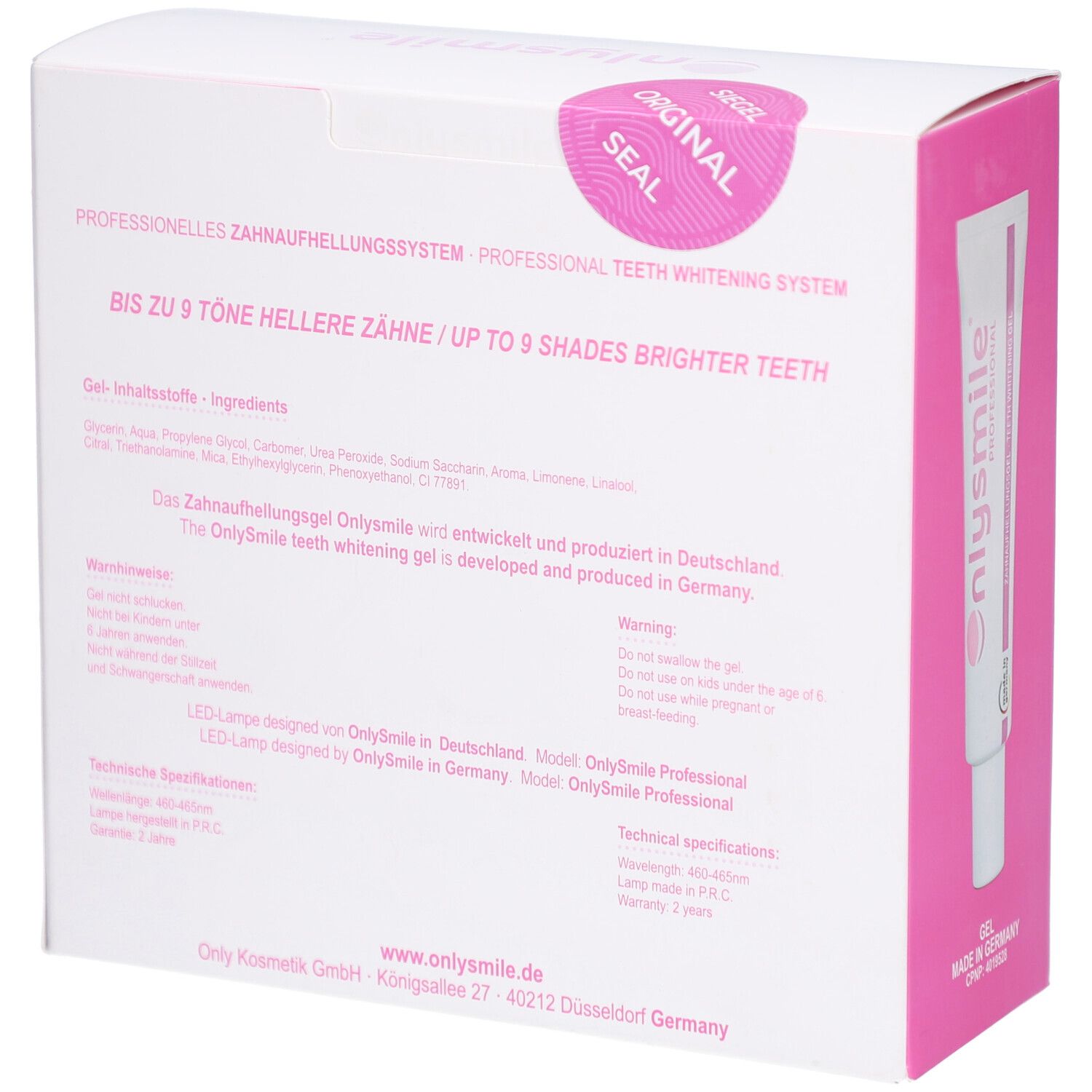 Emballage d'un système professionnel de blanchiment des dents avec un applicateur de gel et des instructions.
