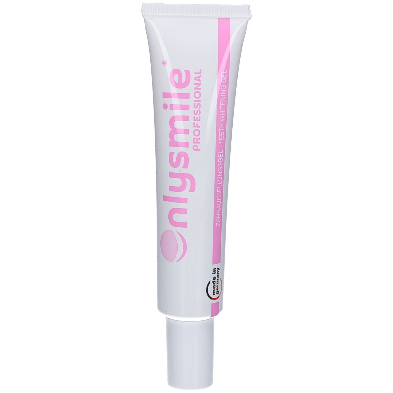 Tube blanc avec texte rose onlysmile PROFESSIONAL. Gel blanchissant pour les dents. Fabriqué en Allemagne.