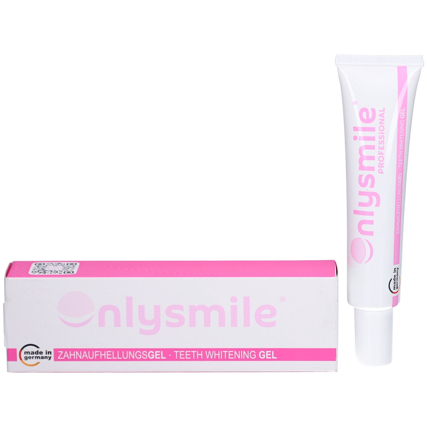 Emballage et tube du produit. Boîte rose et blanche avec onlysmile. Gel blanchissant pour les dents. Fabriqué en Allemagne.