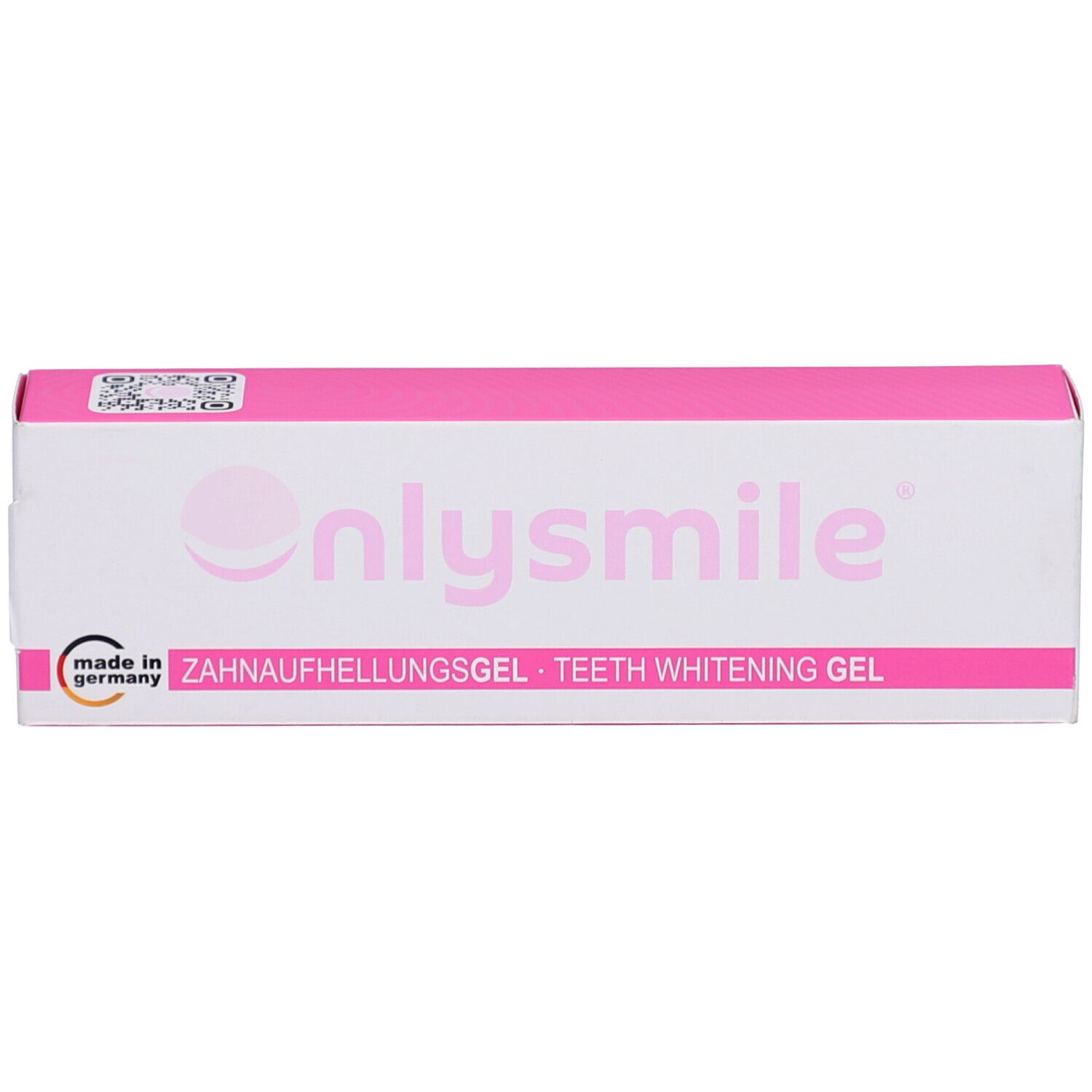 Boîte rose et blanche avec onlysmile. Gel blanchissant pour les dents. Code QR et Fabriqué en Allemagne.