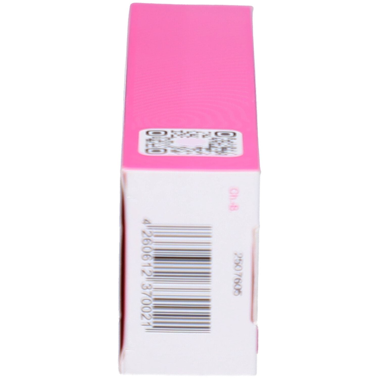 Vue latérale de la boîte. Code QR, numéro de lot et code-barres. Rose et blanc.