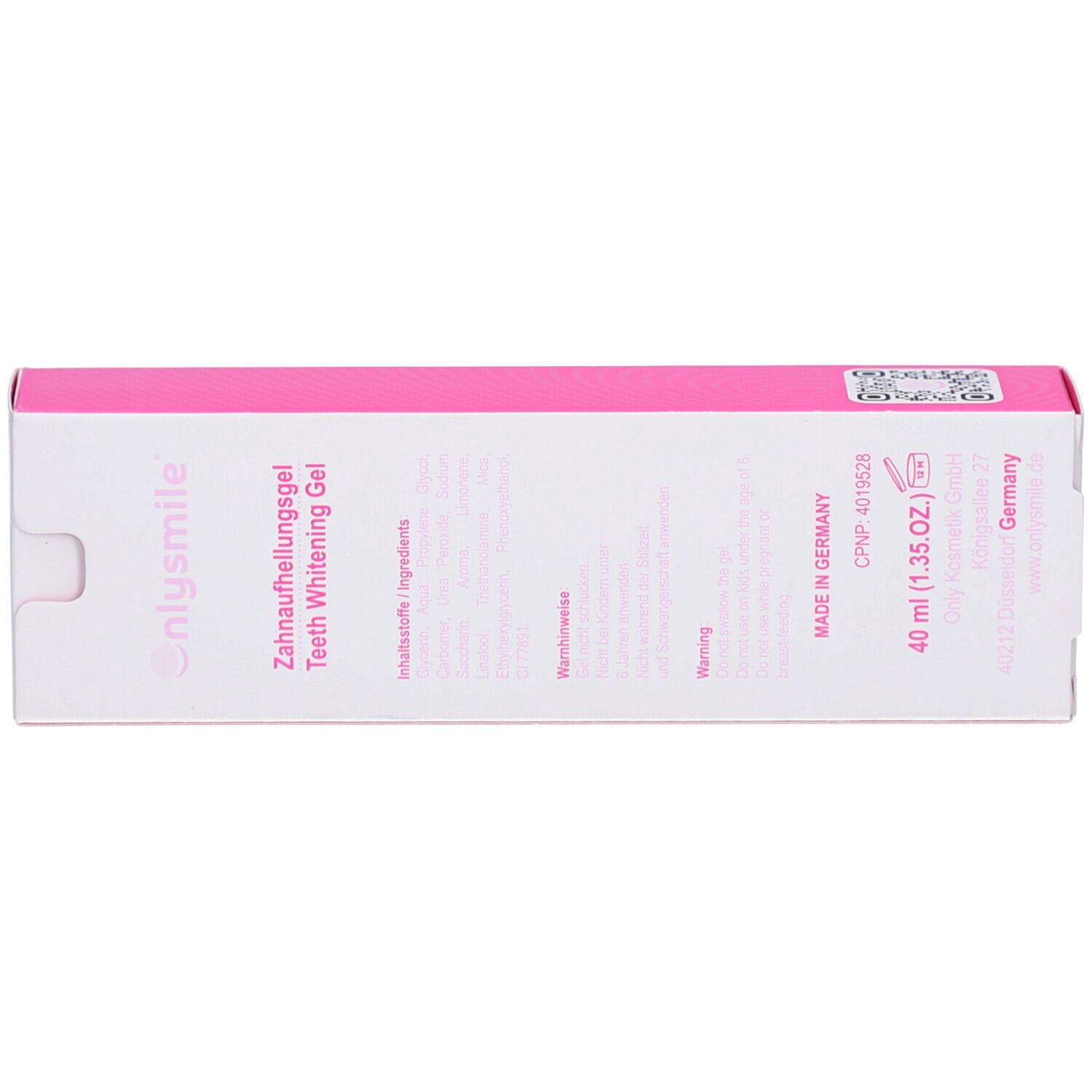 Dessus de la boîte. onlysmile, gel blanchissant pour les dents, 40 ml. Fabriqué en Allemagne. Code QR.