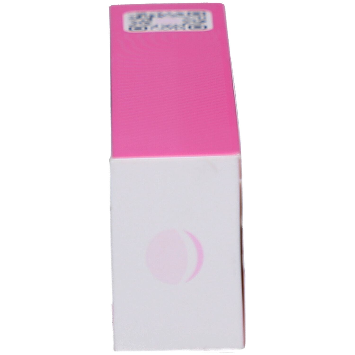 Boîte, vue oblique du dessus. Emballage rose et blanc avec logo onlysmile et code QR.
